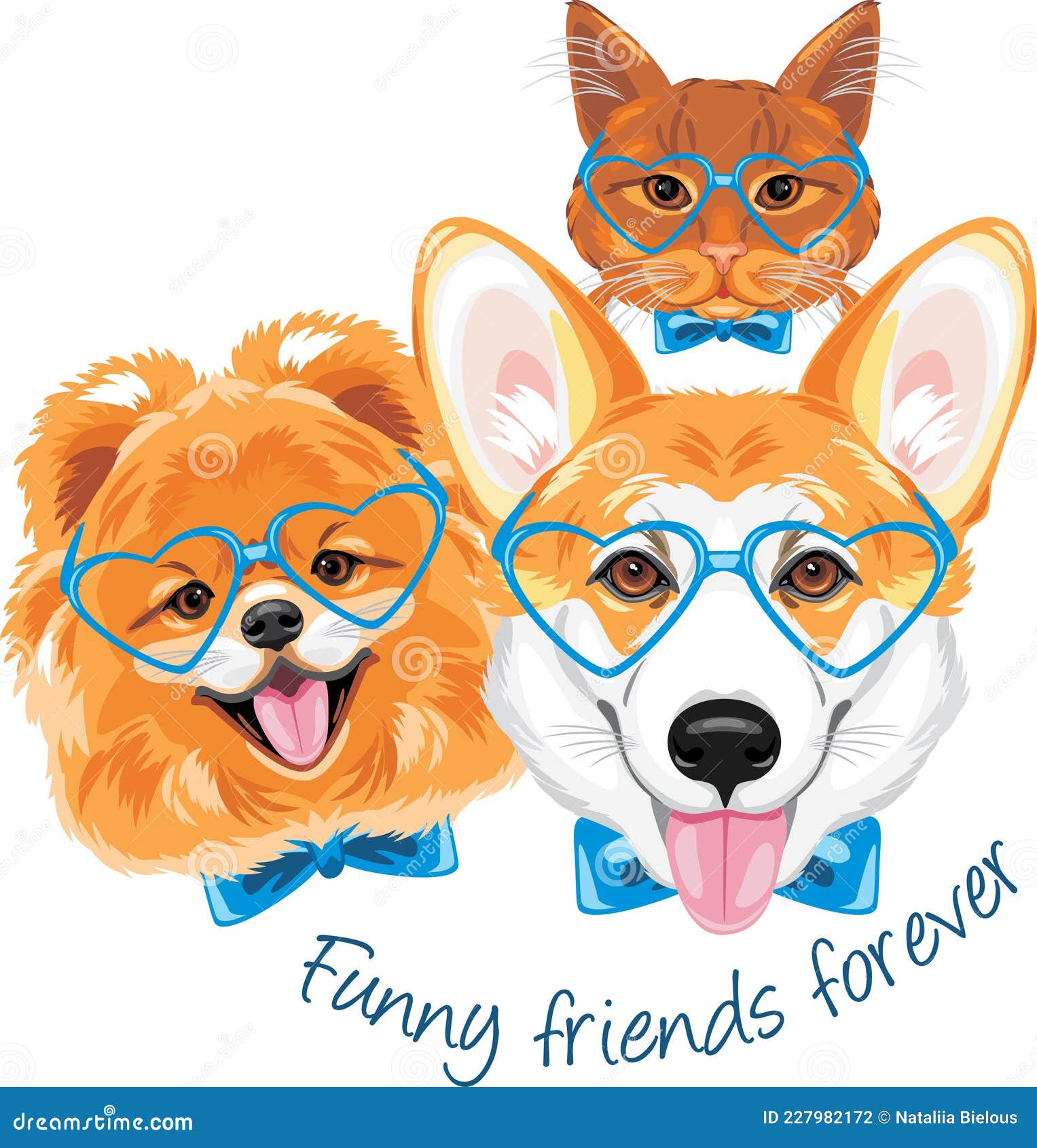 Funny Friends Forever. Ginger Cat, Welsh Corgi and Pomeranian Dog Stock  Vector - Illustration of face, canine: 227982172