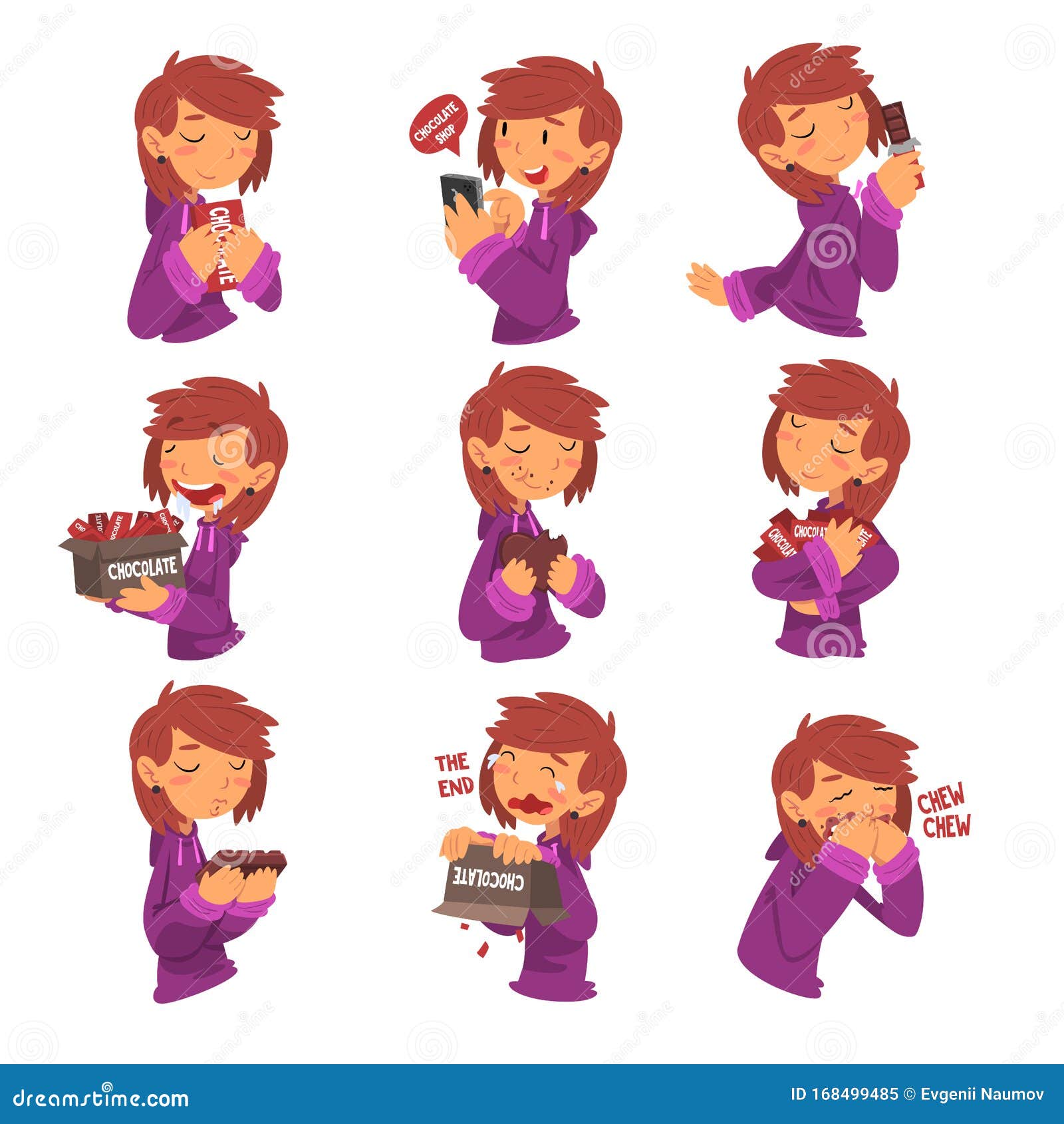 Funny Girl with Chocolate Set, Sweet Tooth Girl Cartoon Character Enjoying  Eating Sweets Vector Illustration Stock Vector - Illustration of cartoon,  cheerful: 168499485