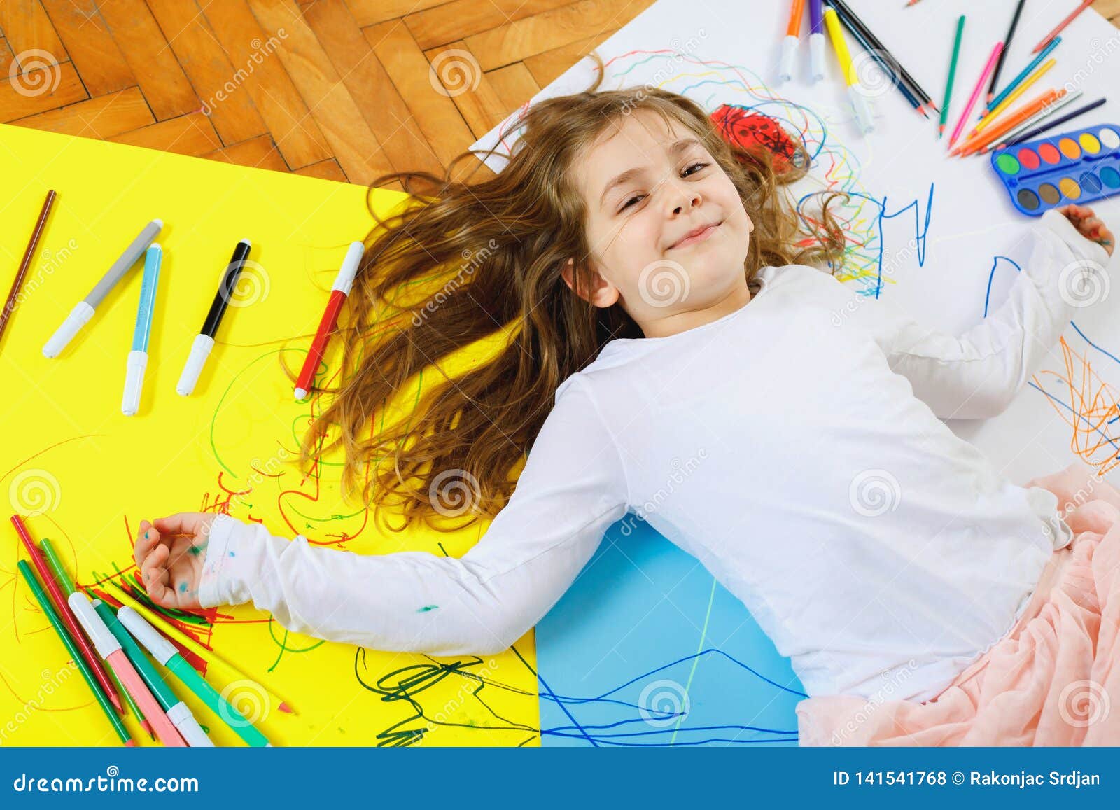 Funny Girl Play with Crayons. Stock Photo Image of creativity