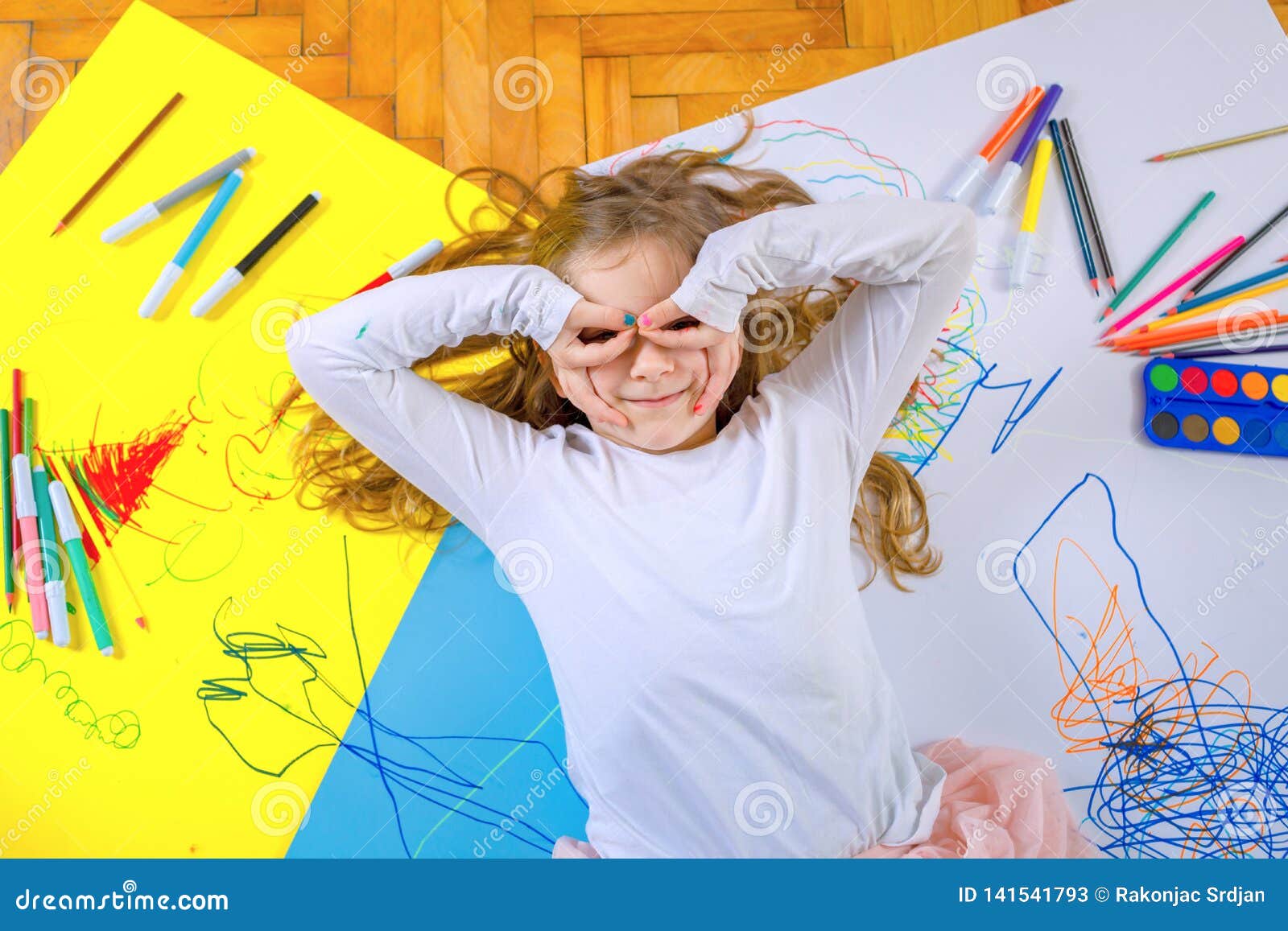 Funny Girl Play with Crayons. Stock Image Image of hand, kids 141541793
