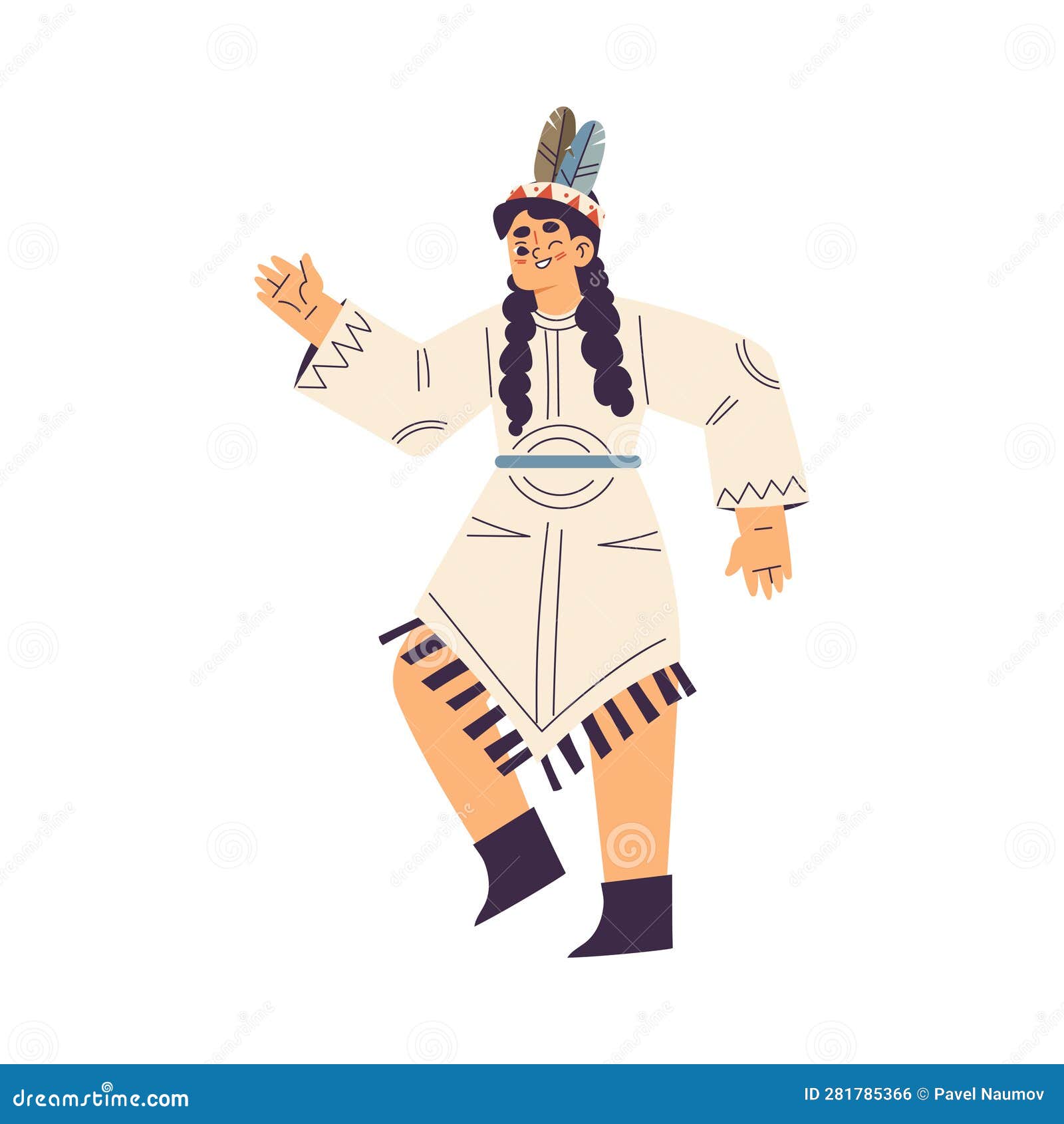 Funny Girl Playing Indian Dressed in Injun Costume with Feather Vector ...