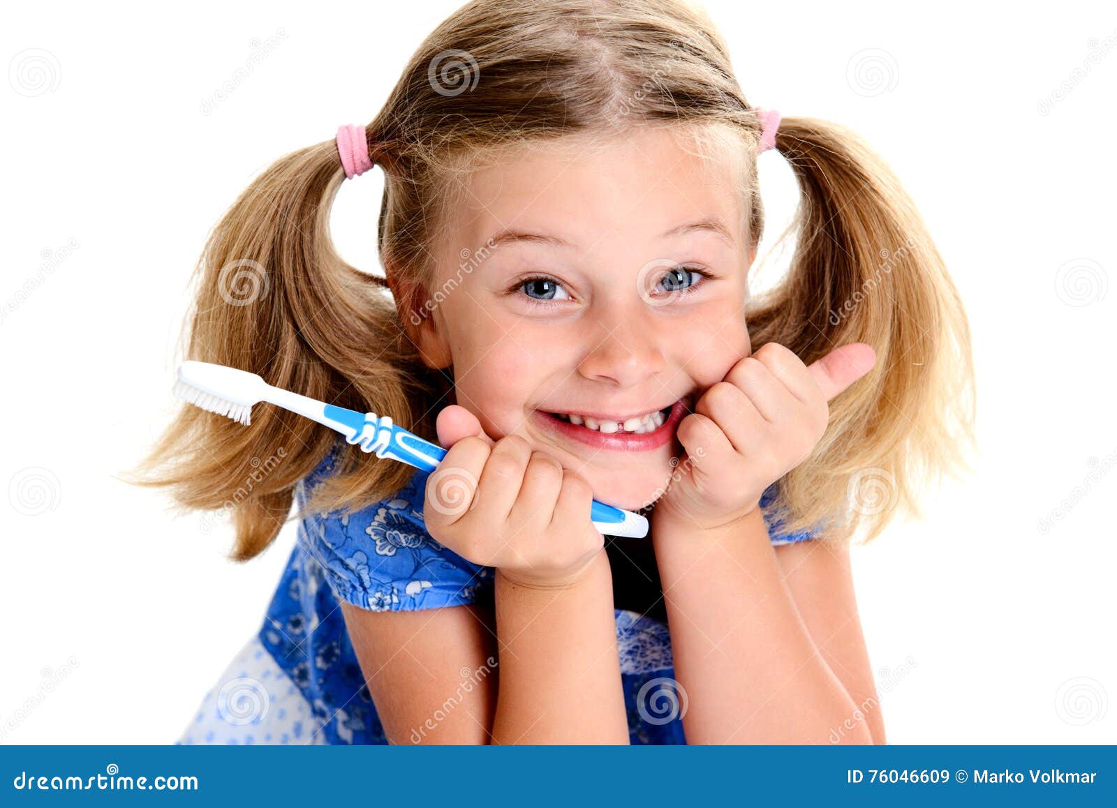 funny girl with space width and toothbrush
