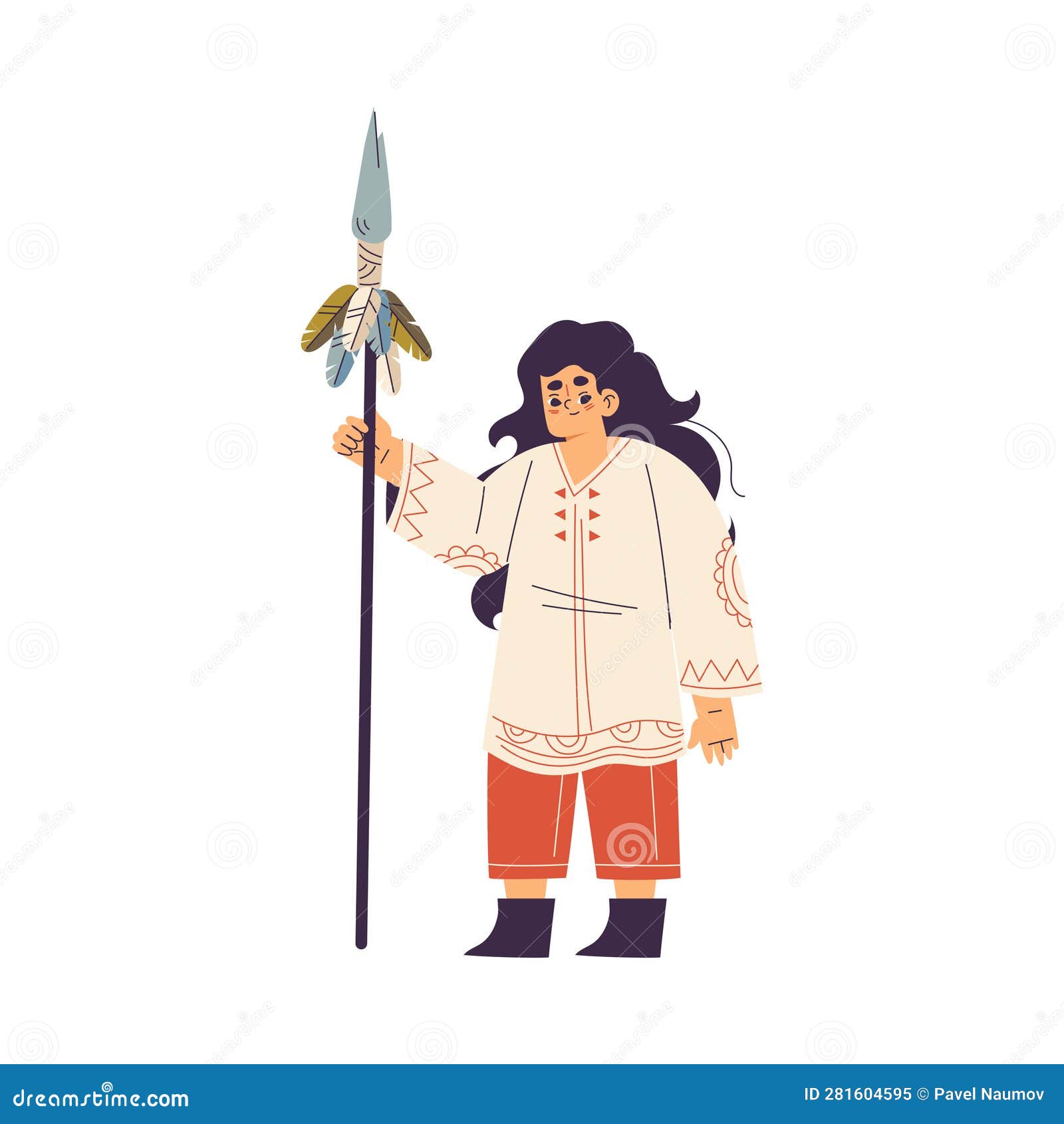 Funny Girl with Spear Playing Indian Dressed in Injun Costume Vector ...