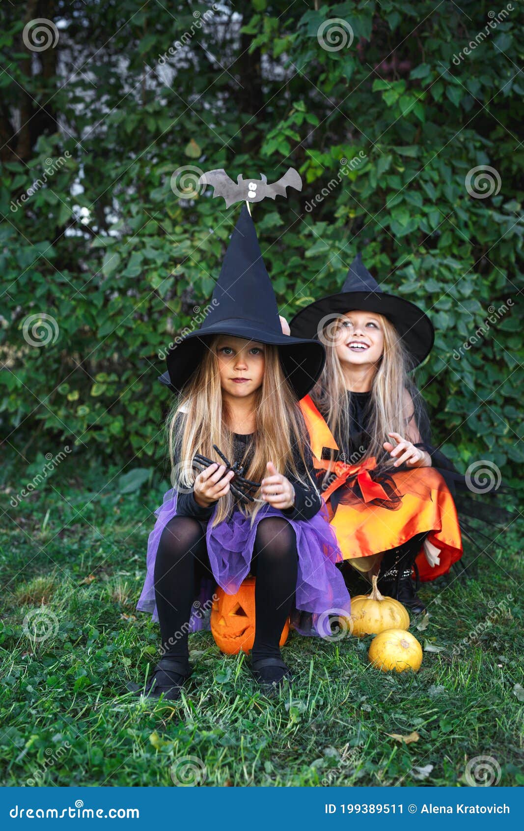 Funny Girls in Witch Costume for Halloween Sitting on Pumpkin Jack ...