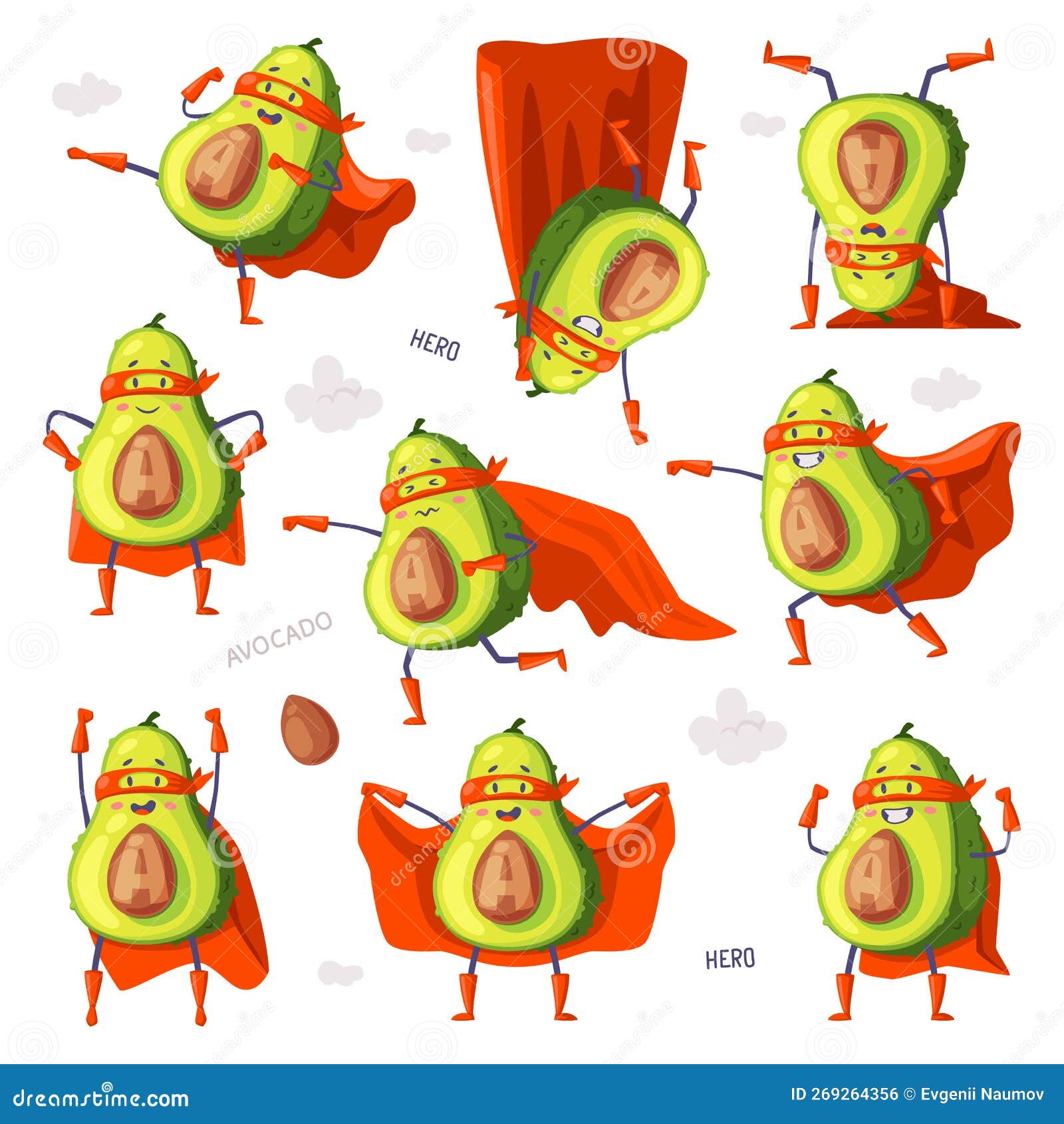 funny green avocado superhero wearing red cloak or cape and mask as justice fighter  set