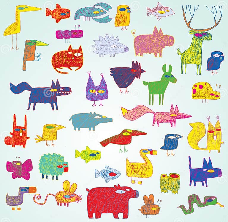 Funny Grunge Doodled Animals Collection in Pop-art Colors Stock Vector ...