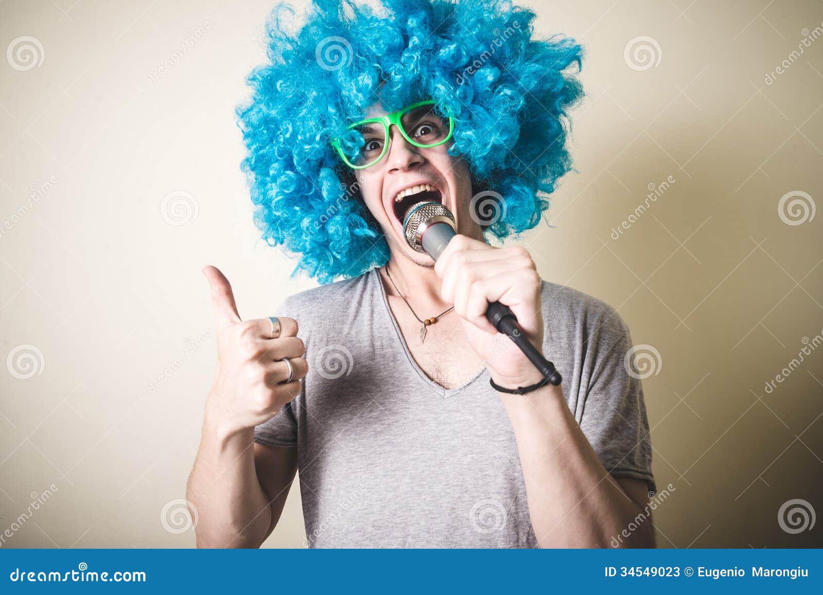 Funny Guy with Blue Wig Singing Stock Image Image of funny, splash
