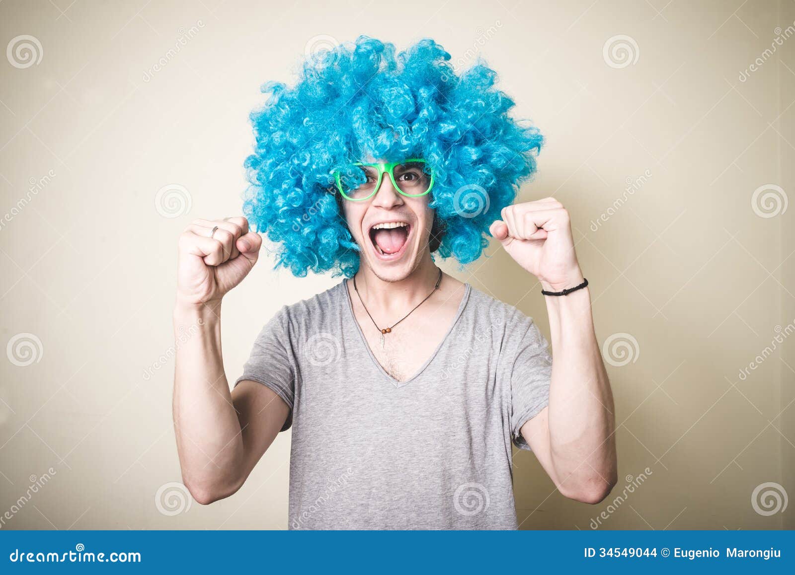 Funny Guy with Blue Wig Singing Stock Photo Image of happiness