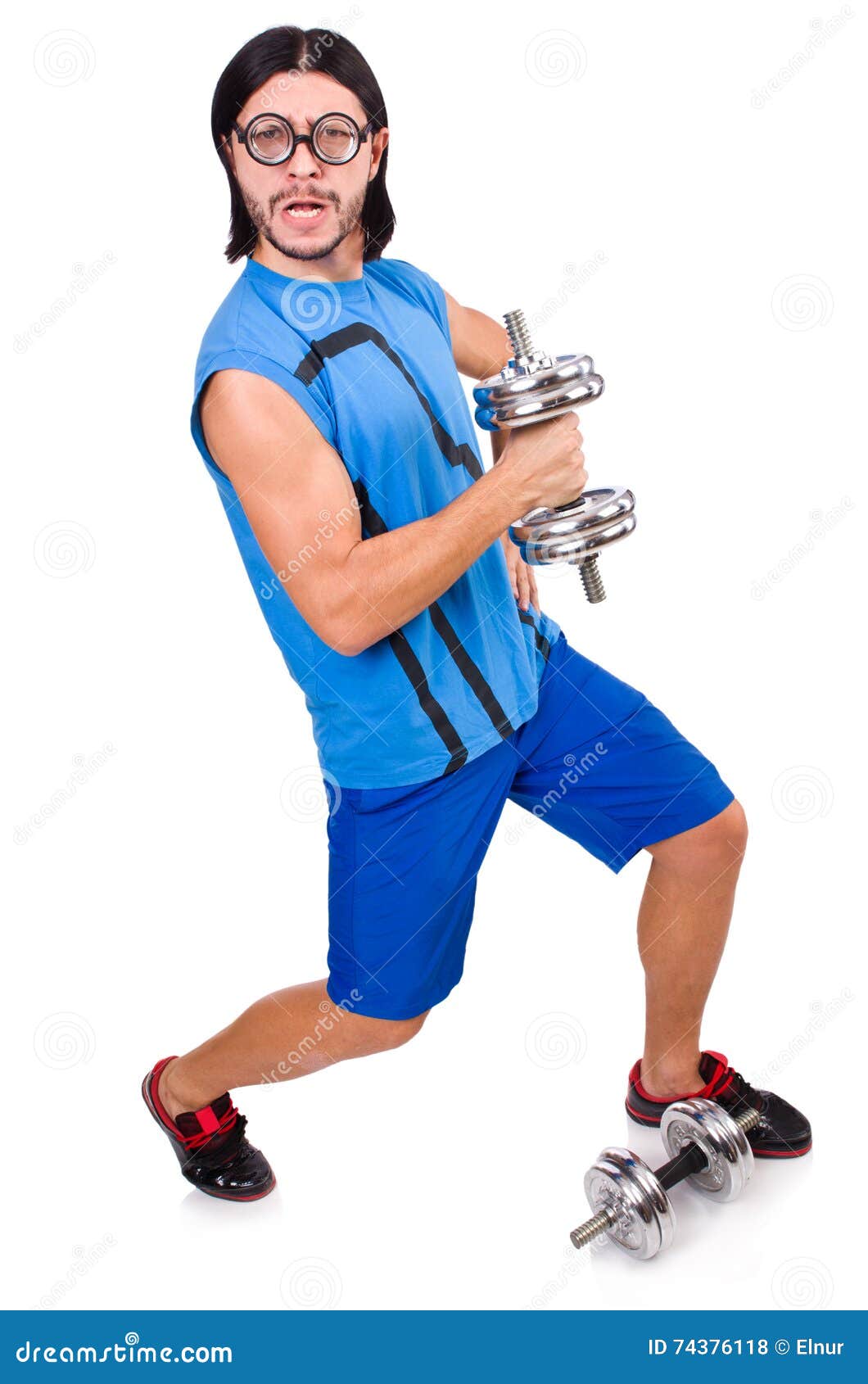 The Funny Guy with Dumbbels on White Stock Photo Image of humor