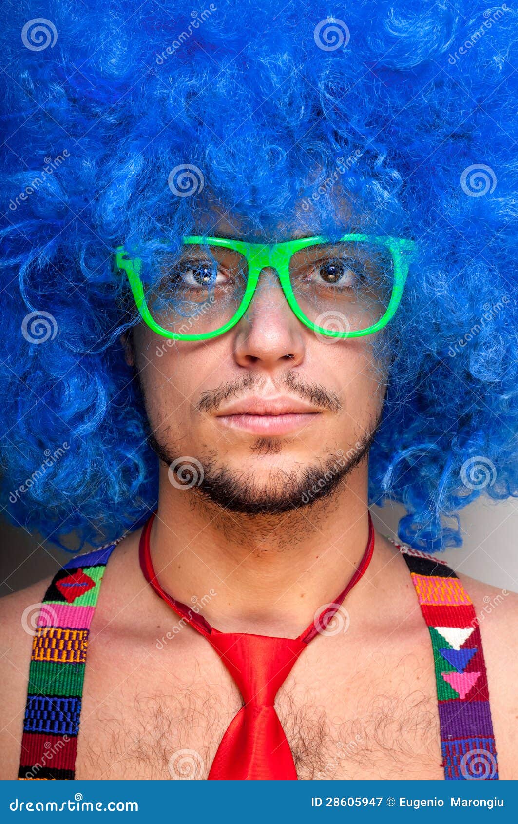 Funny Guy Naked With Blue Wig And Red Tie Royalty Free 