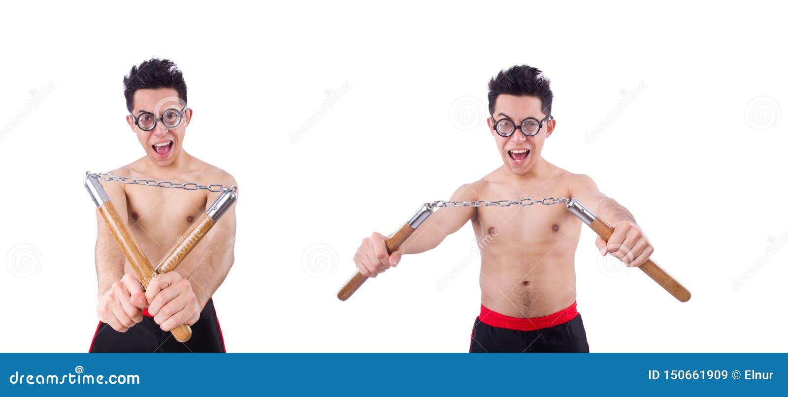 The Funny Guy with Nunchucks on White Stock Image Image of asian