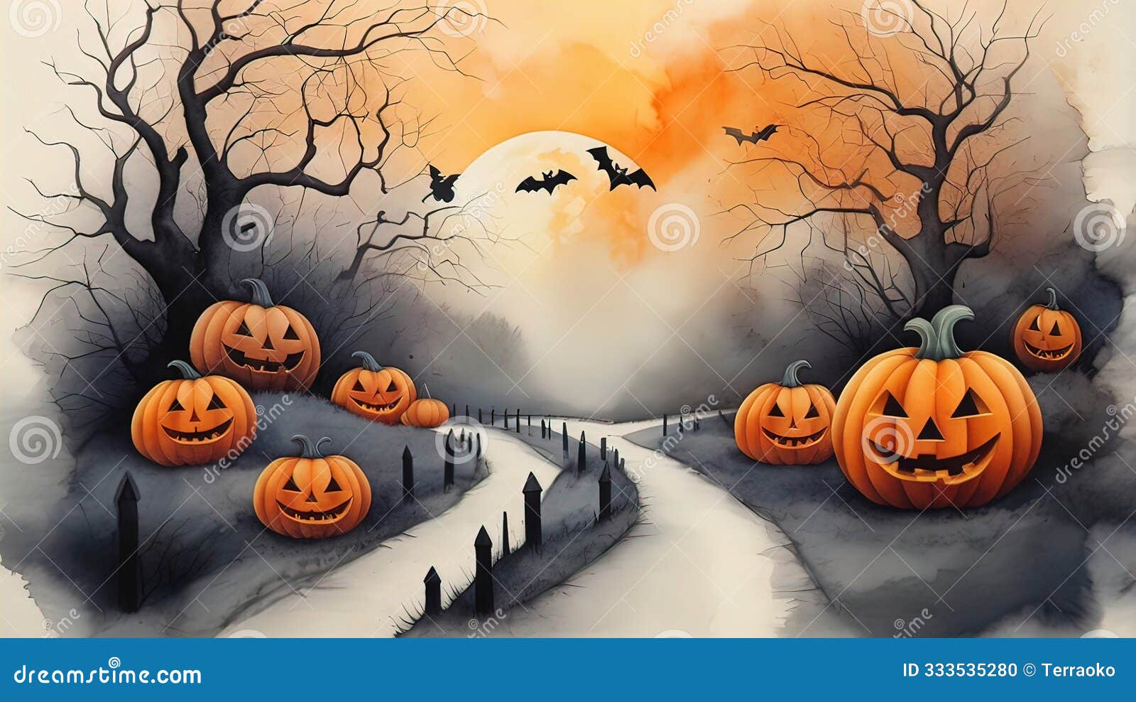 funny halloween greeting card with calligraphic patterns, pencil drawing, soft watercolor, concept art