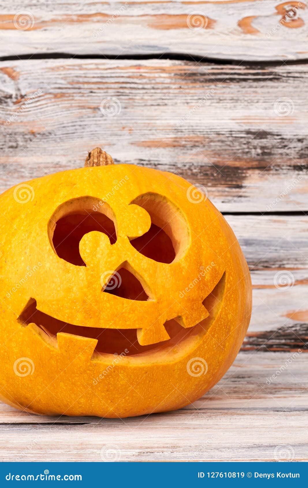 Funny Halloween Pumpkin on Wooden Background. Stock Image - Image of cute,  decoration: 127610819
