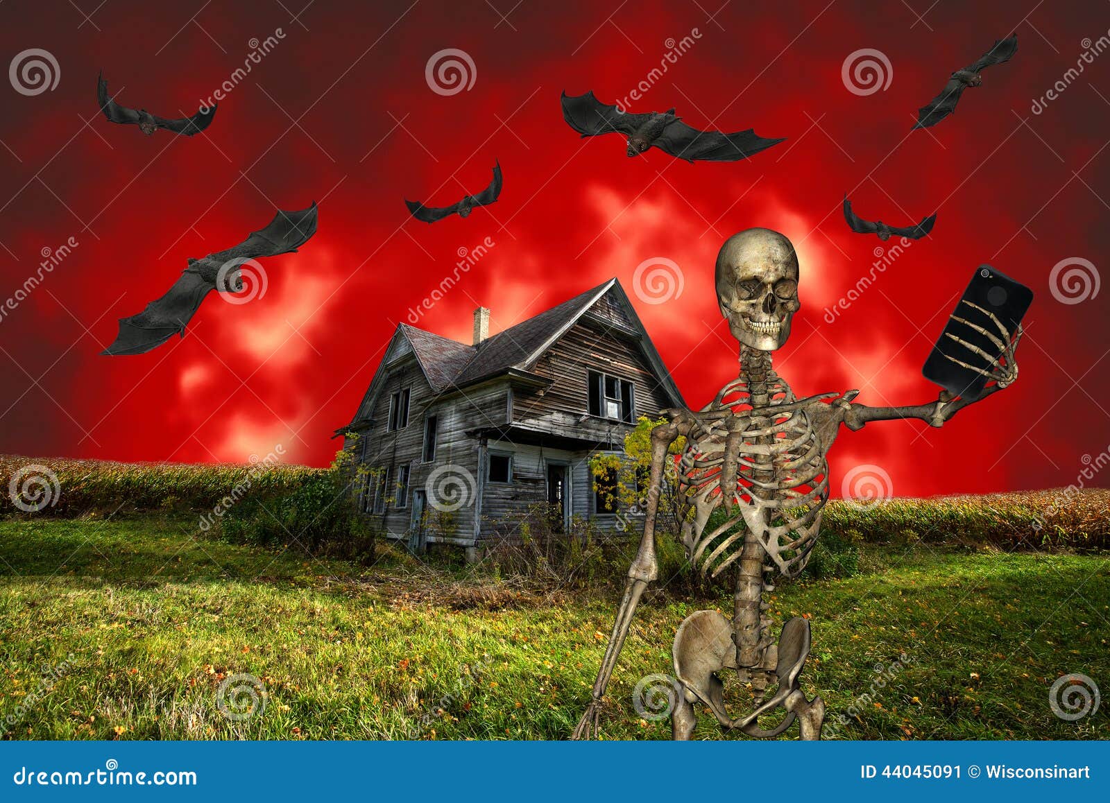 funny halloween selfie, skeleton, haunted house