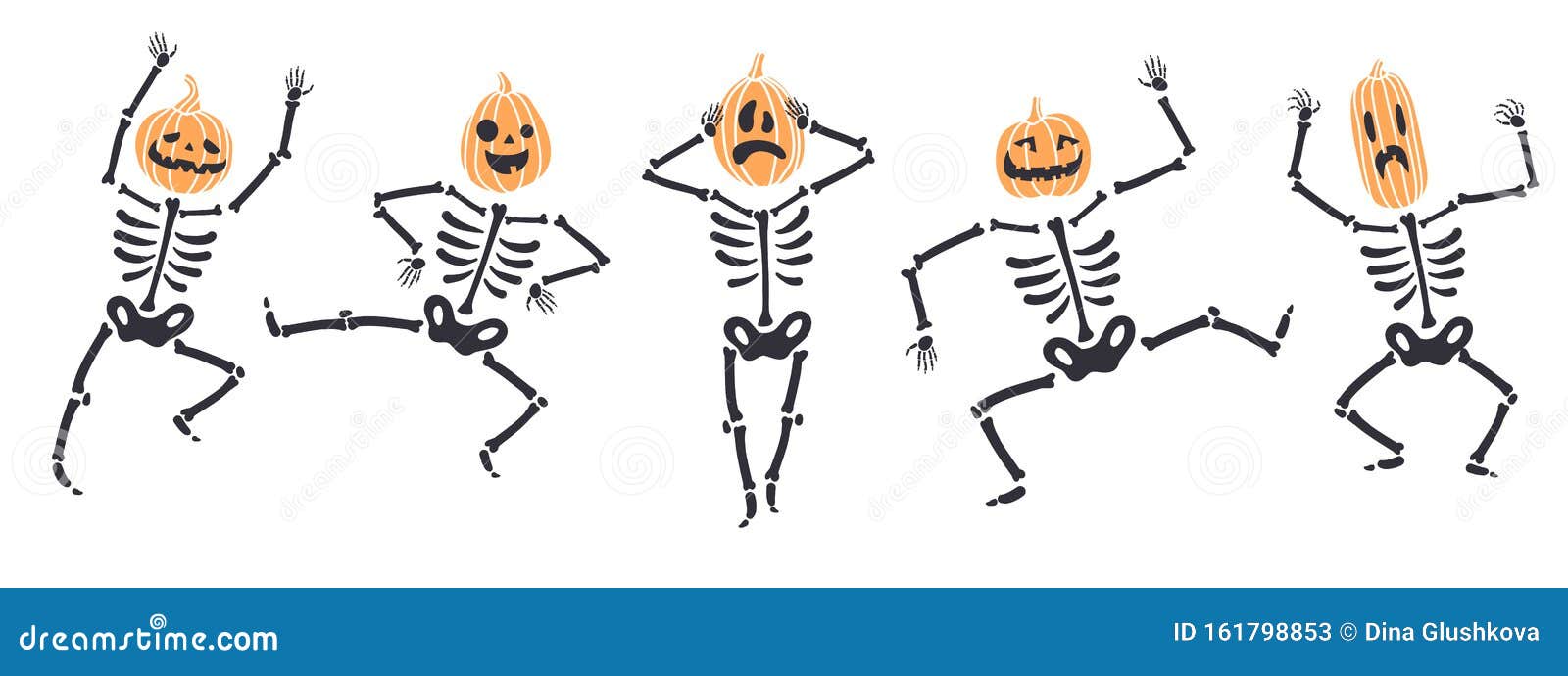 Illustration about Funny Halloween skeletons in different poses with pumpki...