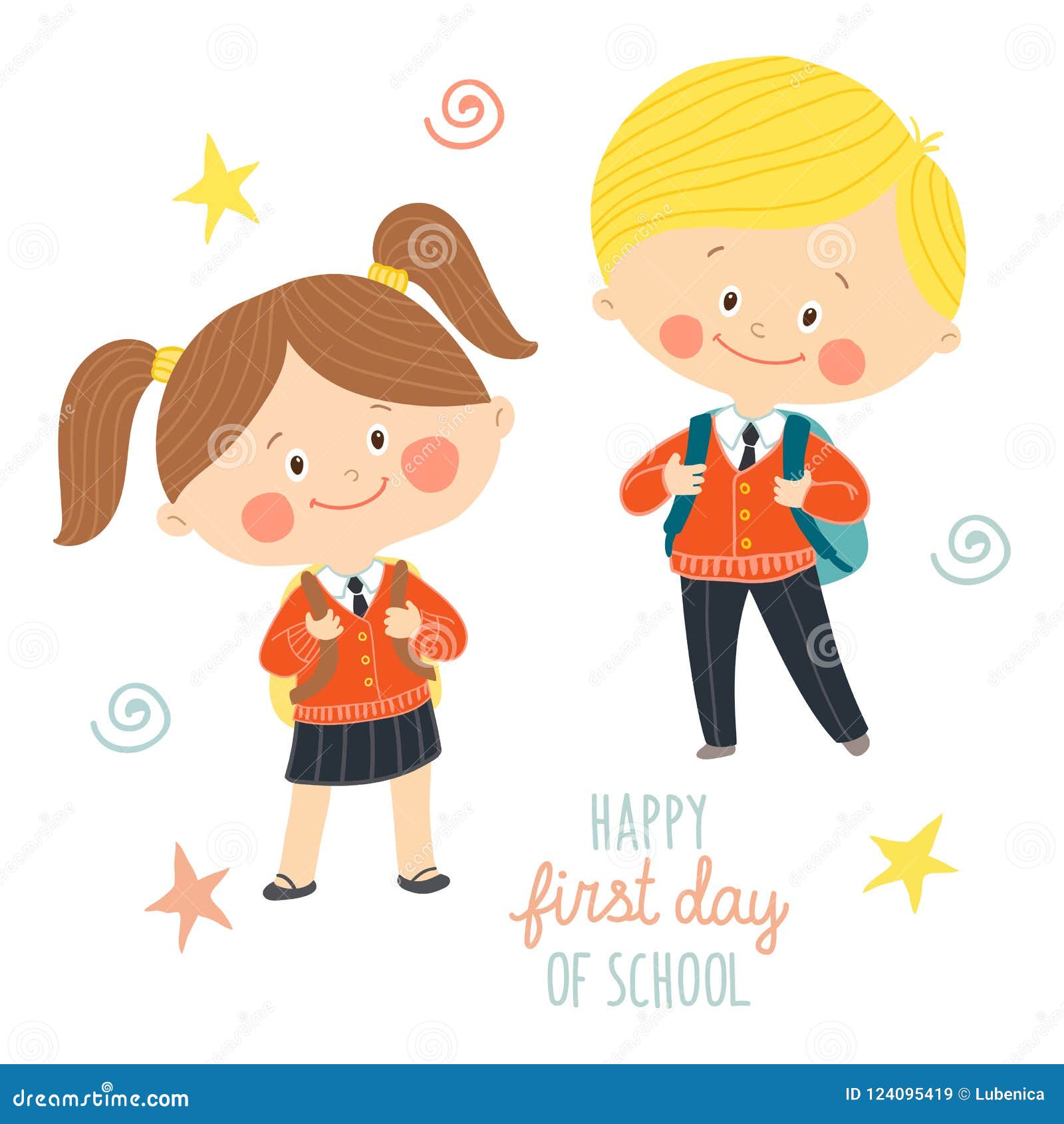 Funny Hand Drawn Kids in School Uniforms with Schoolbags. Cute Boy and ...