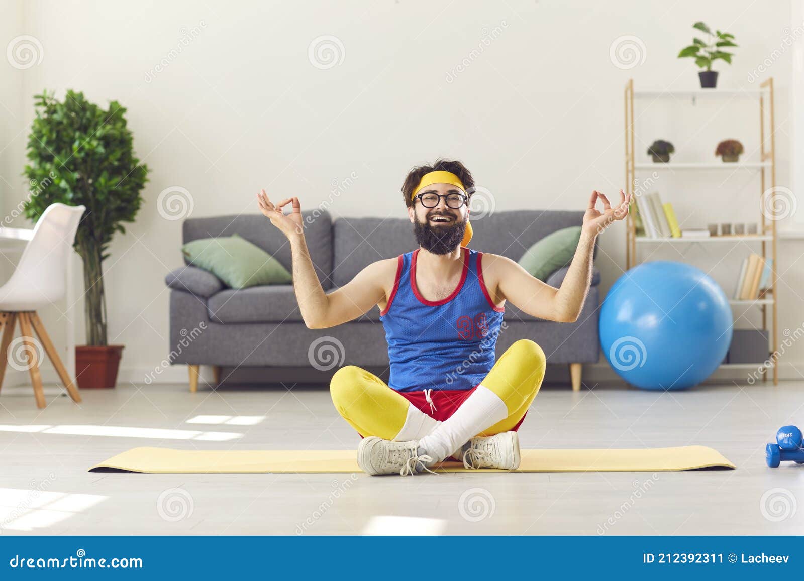 Funny Happy Man in Retro Sportswear Sitting in Easy Yoga Pose and Learning  To Meditate Stock Image - Image of practice, health: 212392311