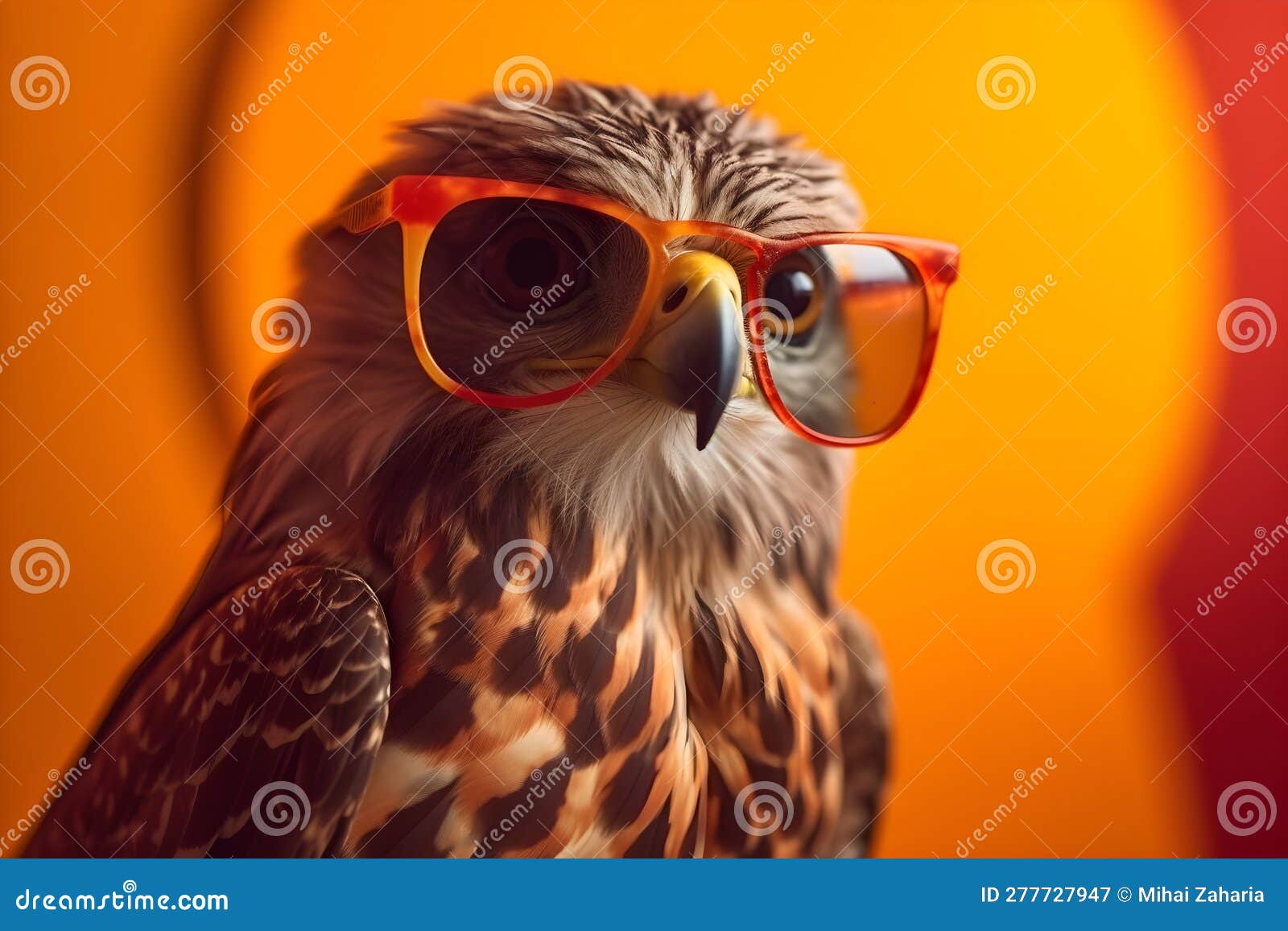 Funny Hawk Wearing Sunglasses in Studio with a Colorful and Bright