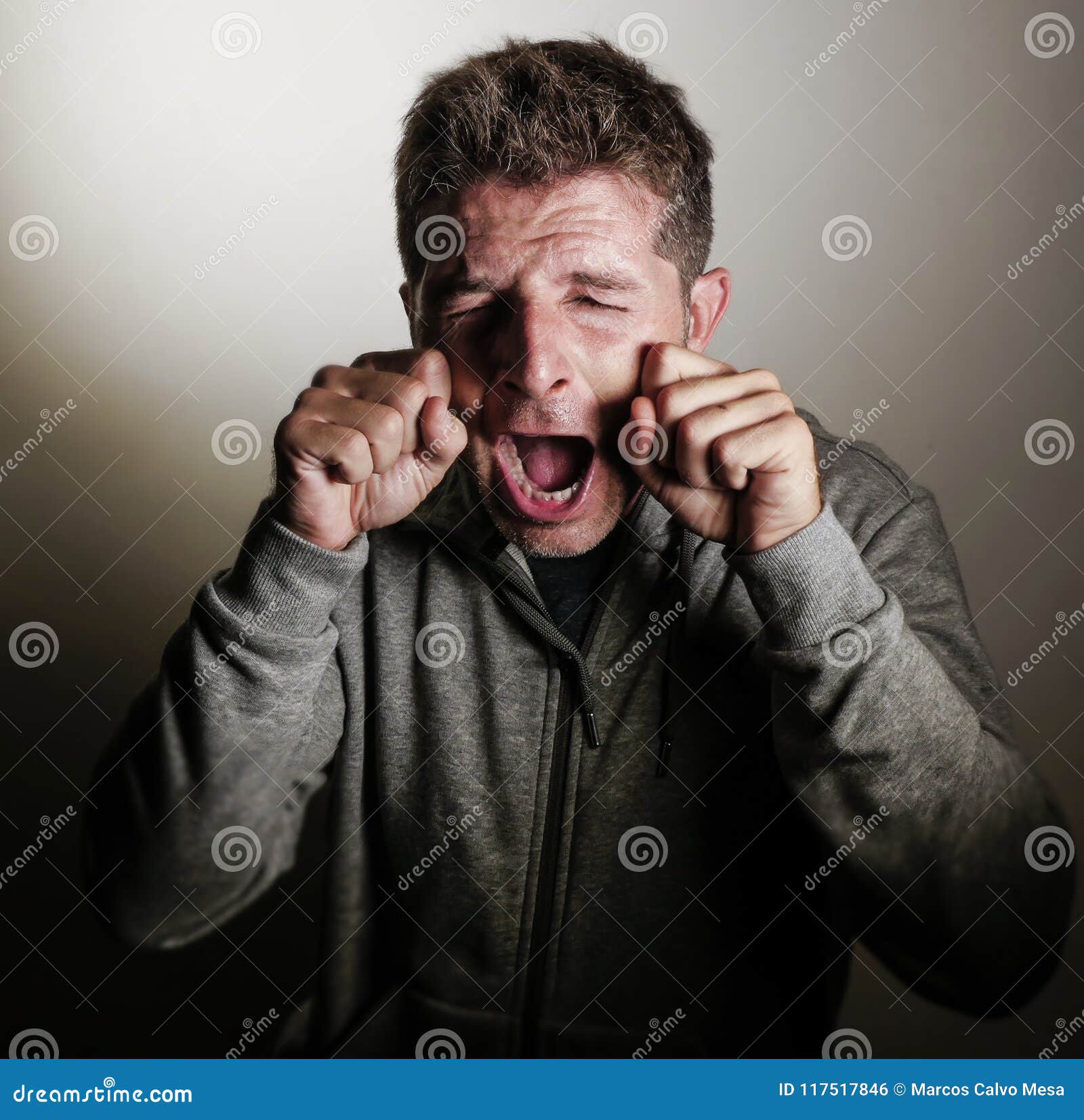 Funny and Hilarious Portrait of Young Sad Man in Overact Crying Gesture  with Hands on Eyes Screaming Mocking the Cry of a Kid Isol Stock Photo -  Image of male, dramatic: 117517846