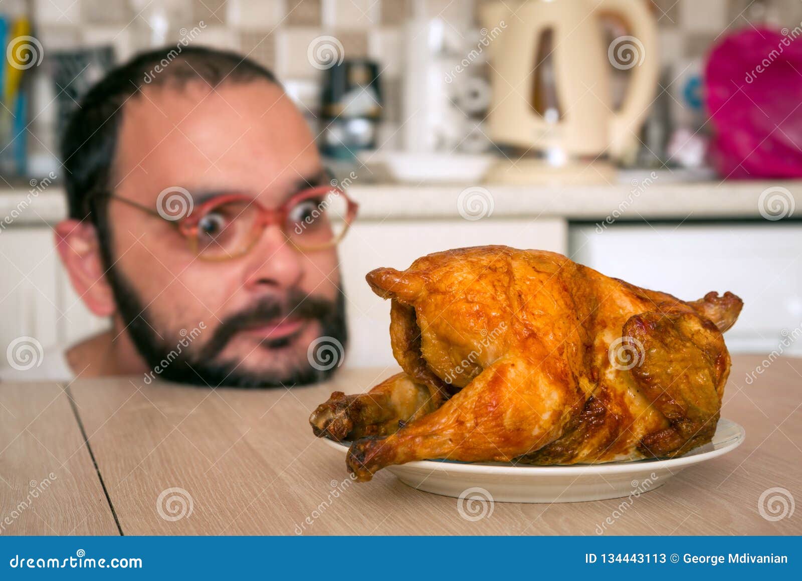 Funny Hungry Man Looking on Chicken Stock Image Image of delicious
