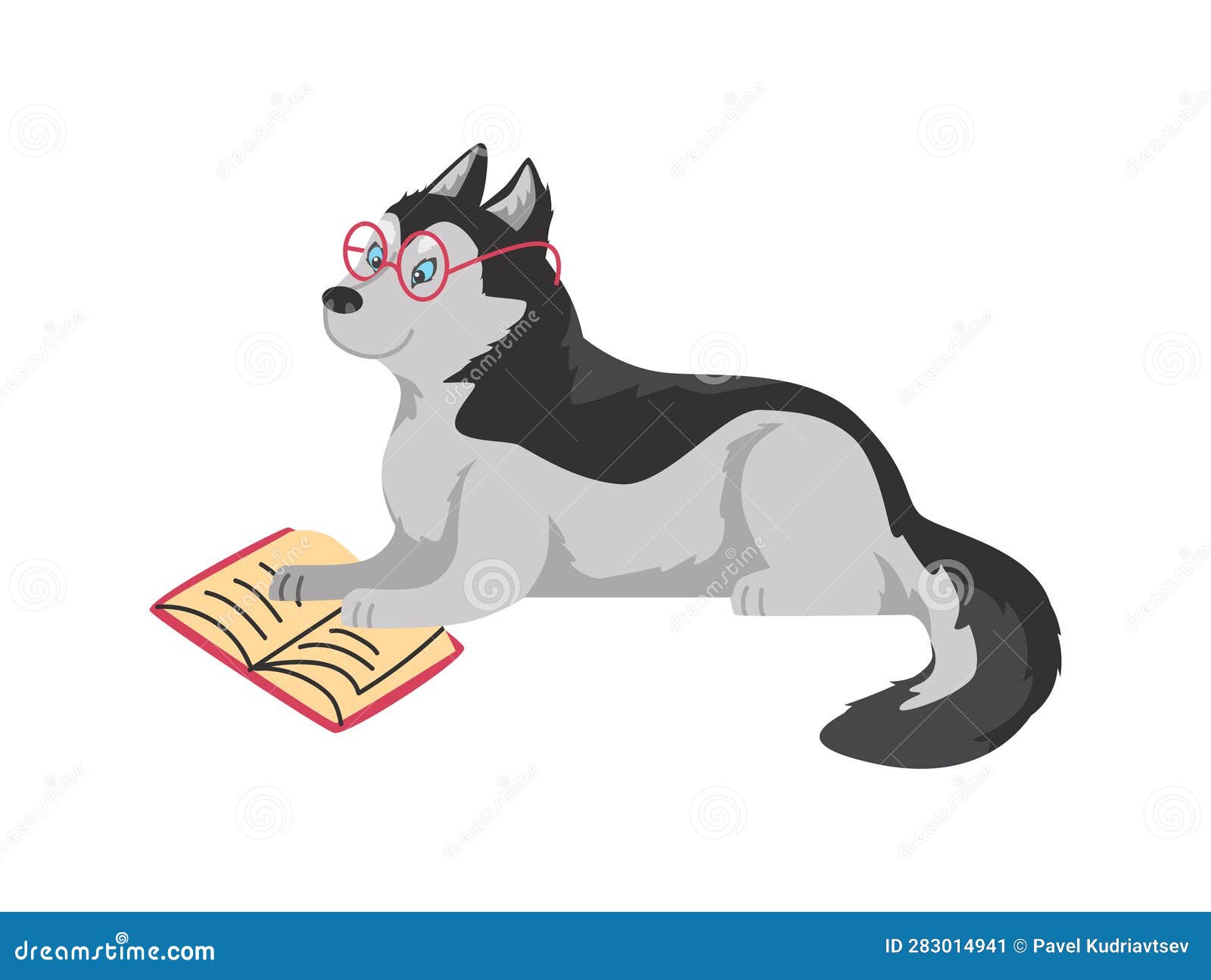 Funny Husky Dog in Glasses Reading Book Flat Style, Vector Illustration  Stock Illustration - Illustration of book, design: 283014941