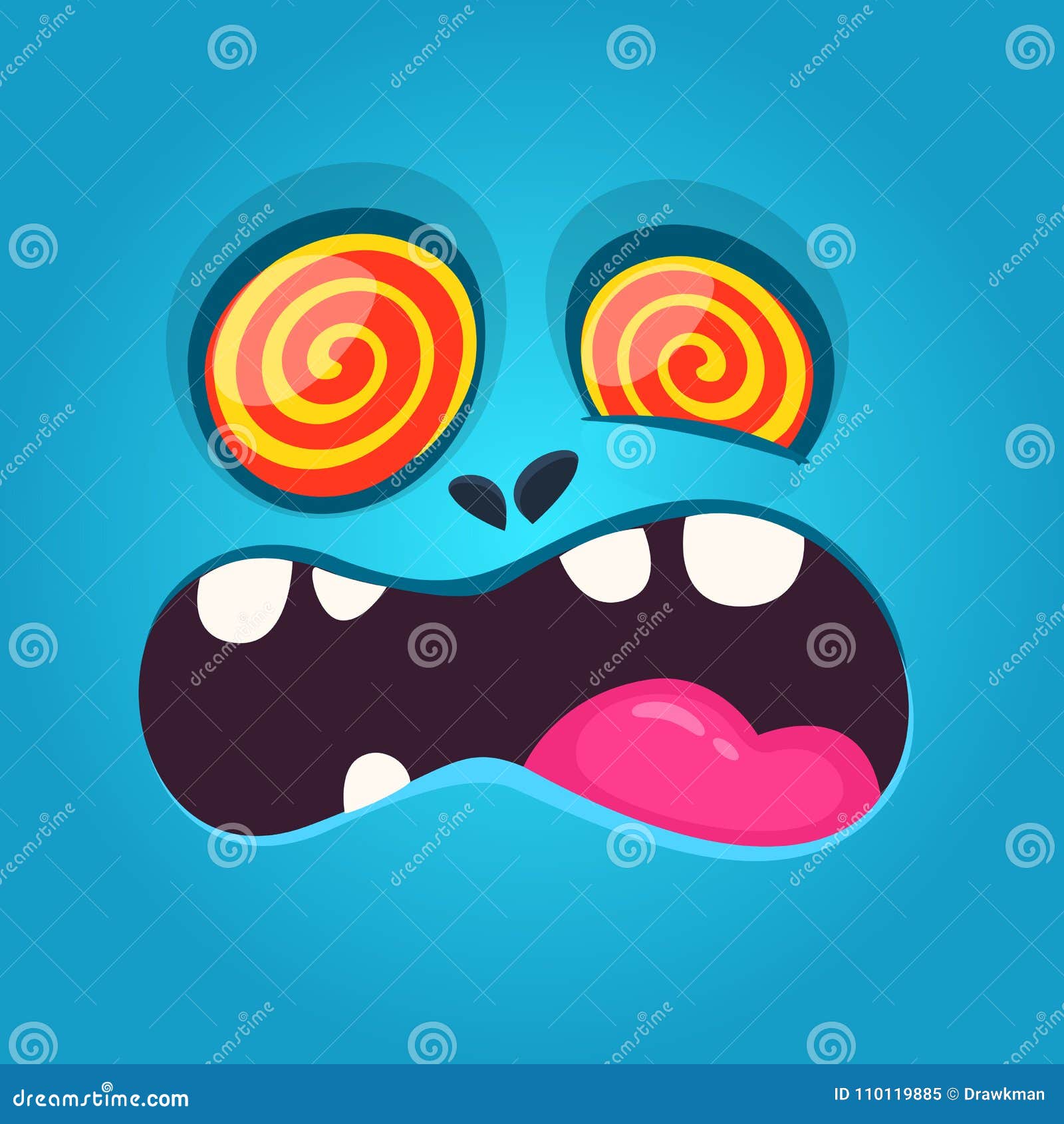 funny hypnotized cartoon monster face.  halloween blue scary monster 
