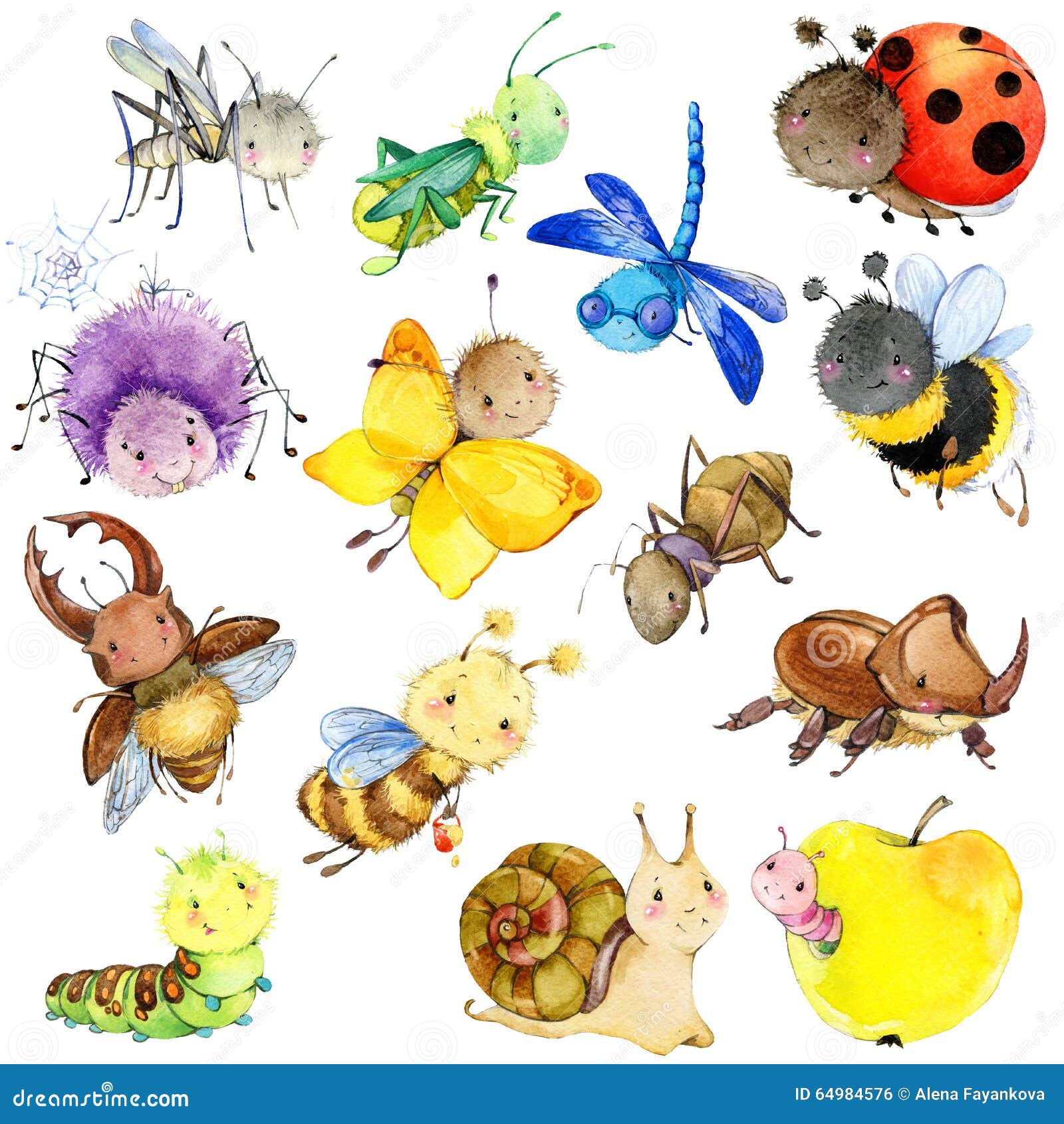 funny insects collection. watercolor cartoon insect.
