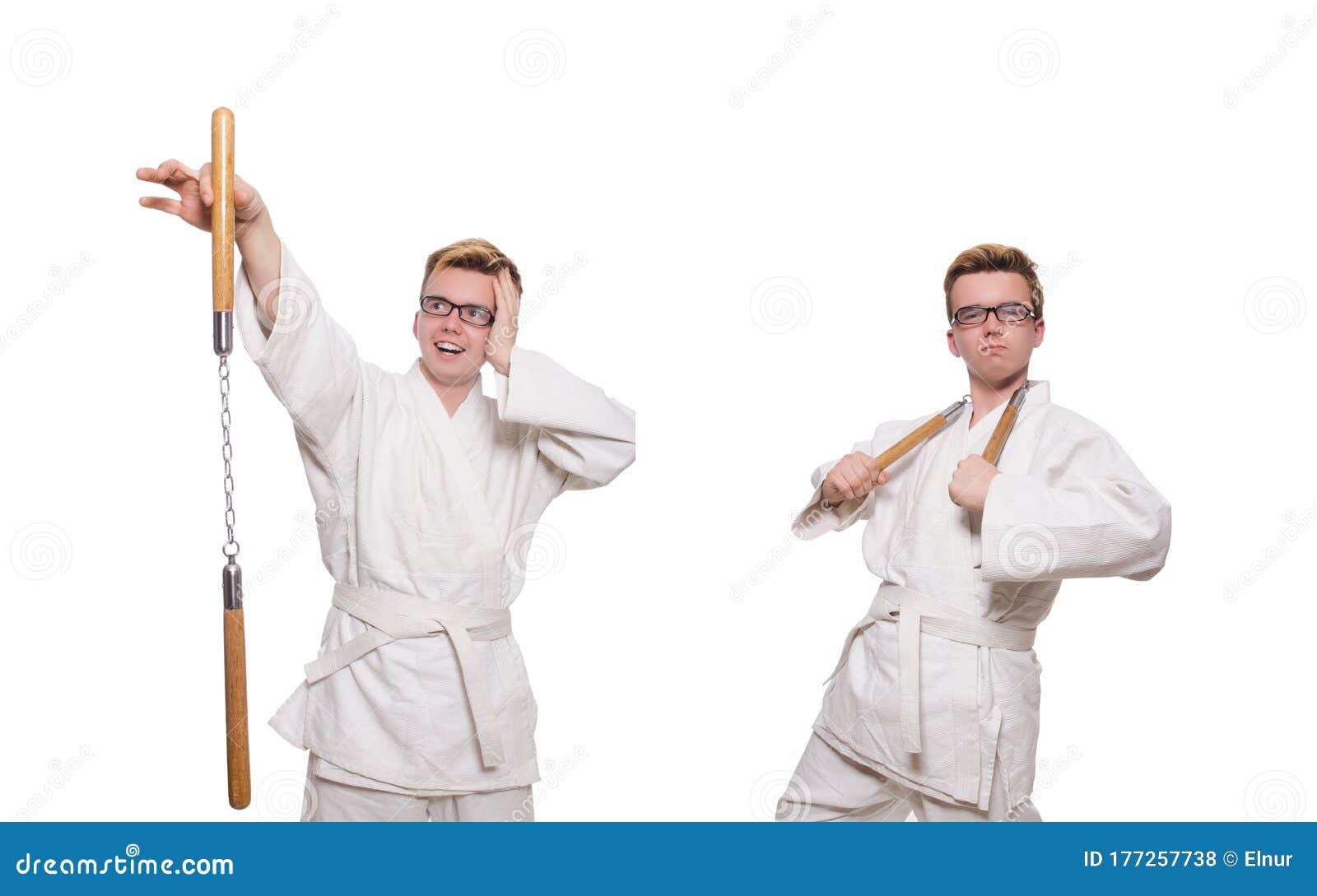 Funny Karate Fighter with Nunchucks on White Stock Photo Image of