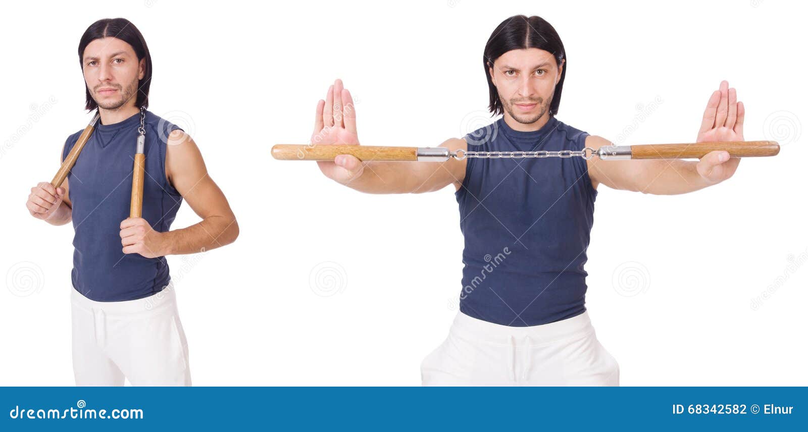 The Funny Karate Fighter with Nunchucks on White Stock Photo Image of