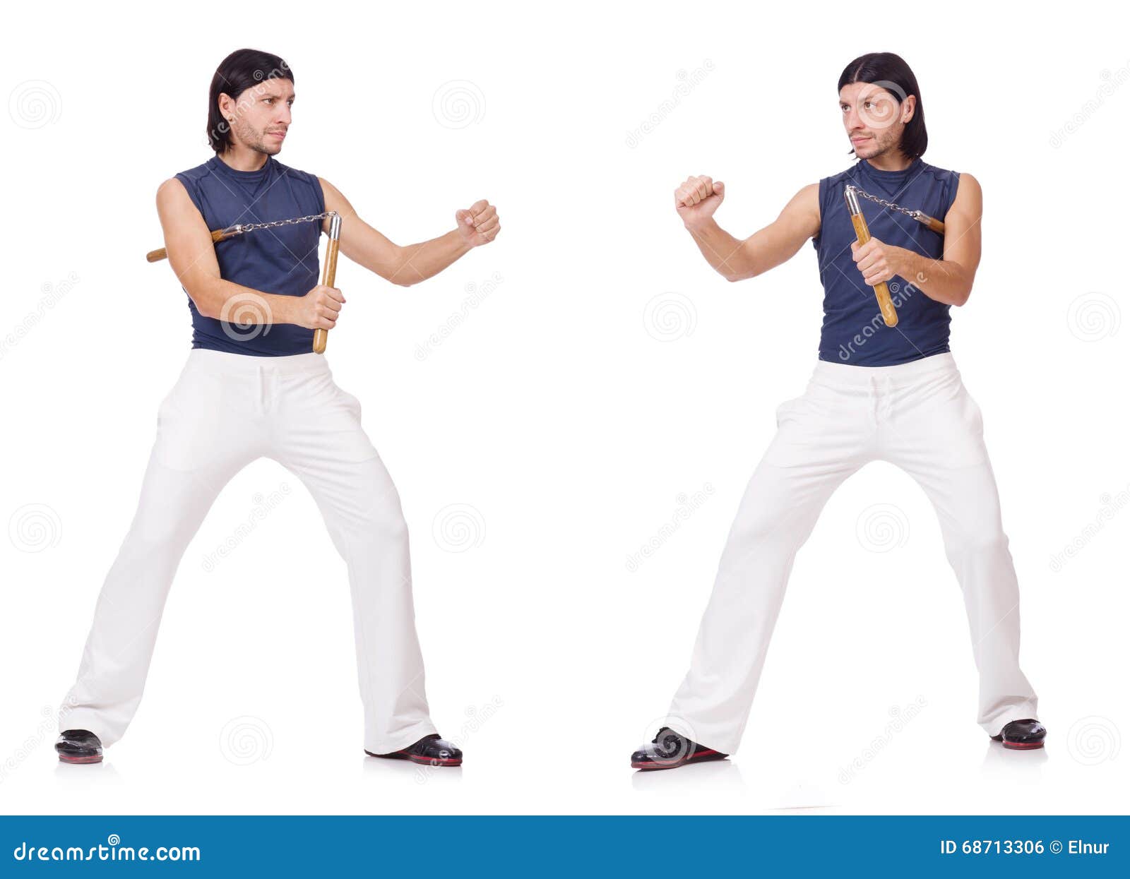 The Funny Karate Fighter with Nunchucks on White Stock Photo Image of