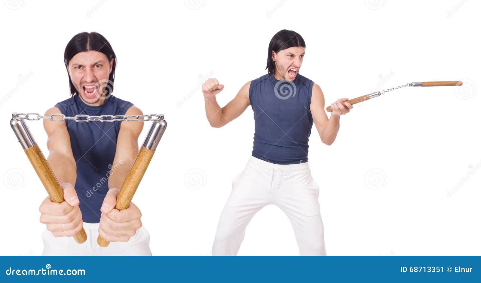 The Funny Karate Fighter with Nunchucks on White Stock Image Image of