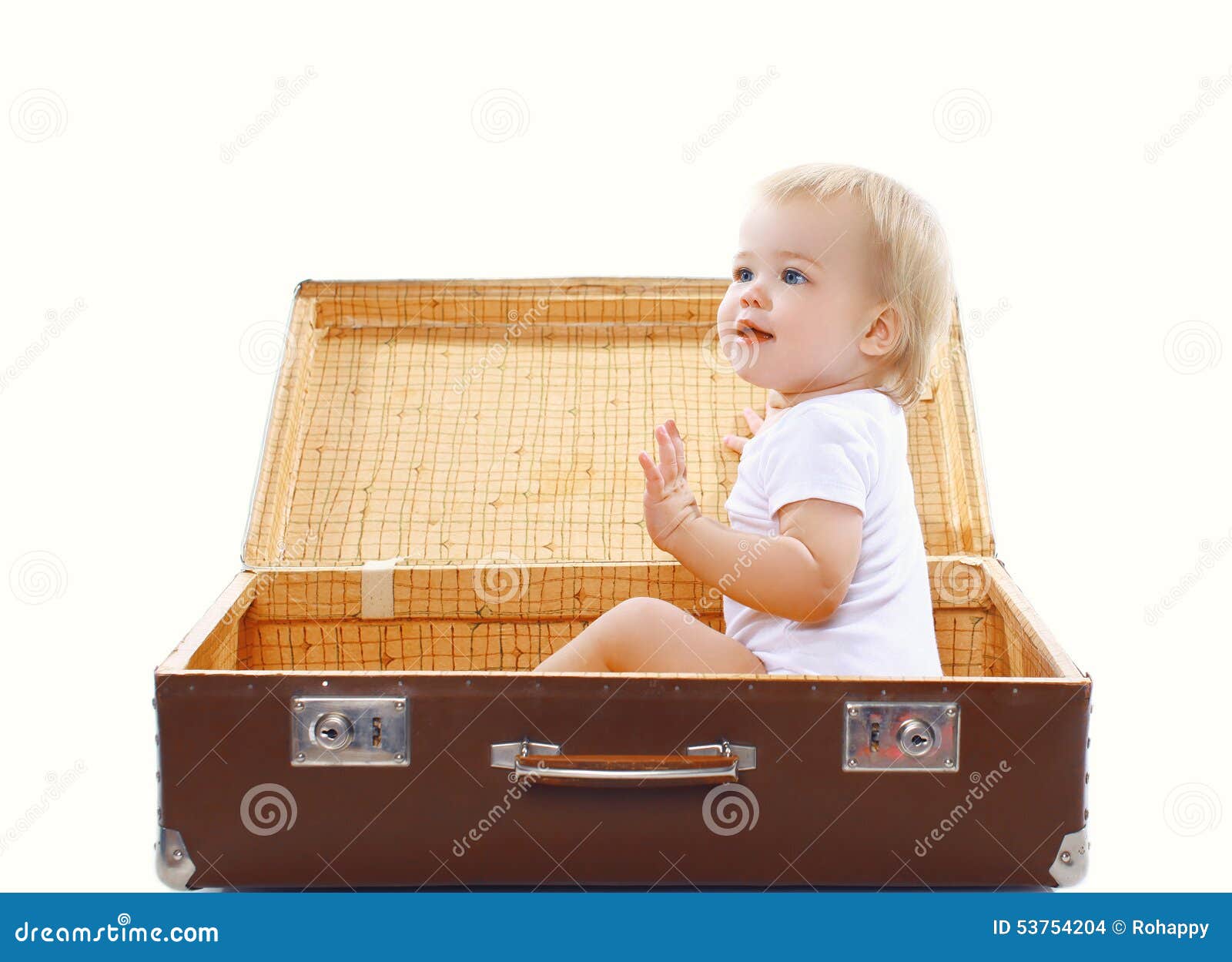 Funny Kid Sitting in the Travel Suitcase Having Fun Stock Photo Image of cute, infant 53754204