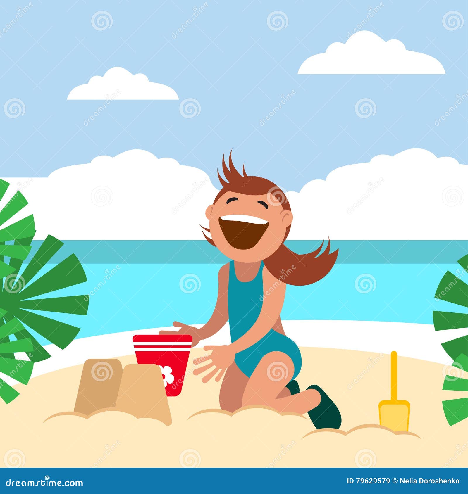 Download Funny Kids On The Beach. Boy Sunbathing And Building Sand ...