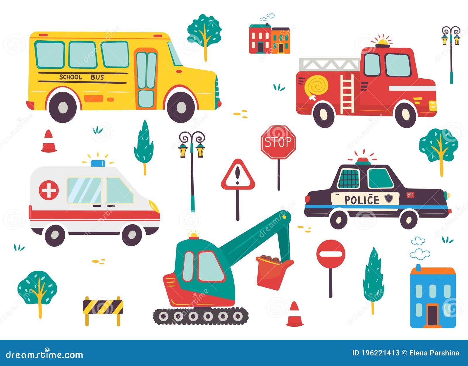 Funny Kids Transport Set with Road Signs. School Bus, Ambulance, Excavator, Fire Engine, Police Car Cartoon Vector Illustration Stock Vector - Illustration of city, school: 196221413 Funny Kids Transport Set with Road Signs. School Bus, Ambulance, Excavator, Fire Engine, Police Car Cartoon Vector Illustration Stock Vector - Illustration of city, school: 196221413