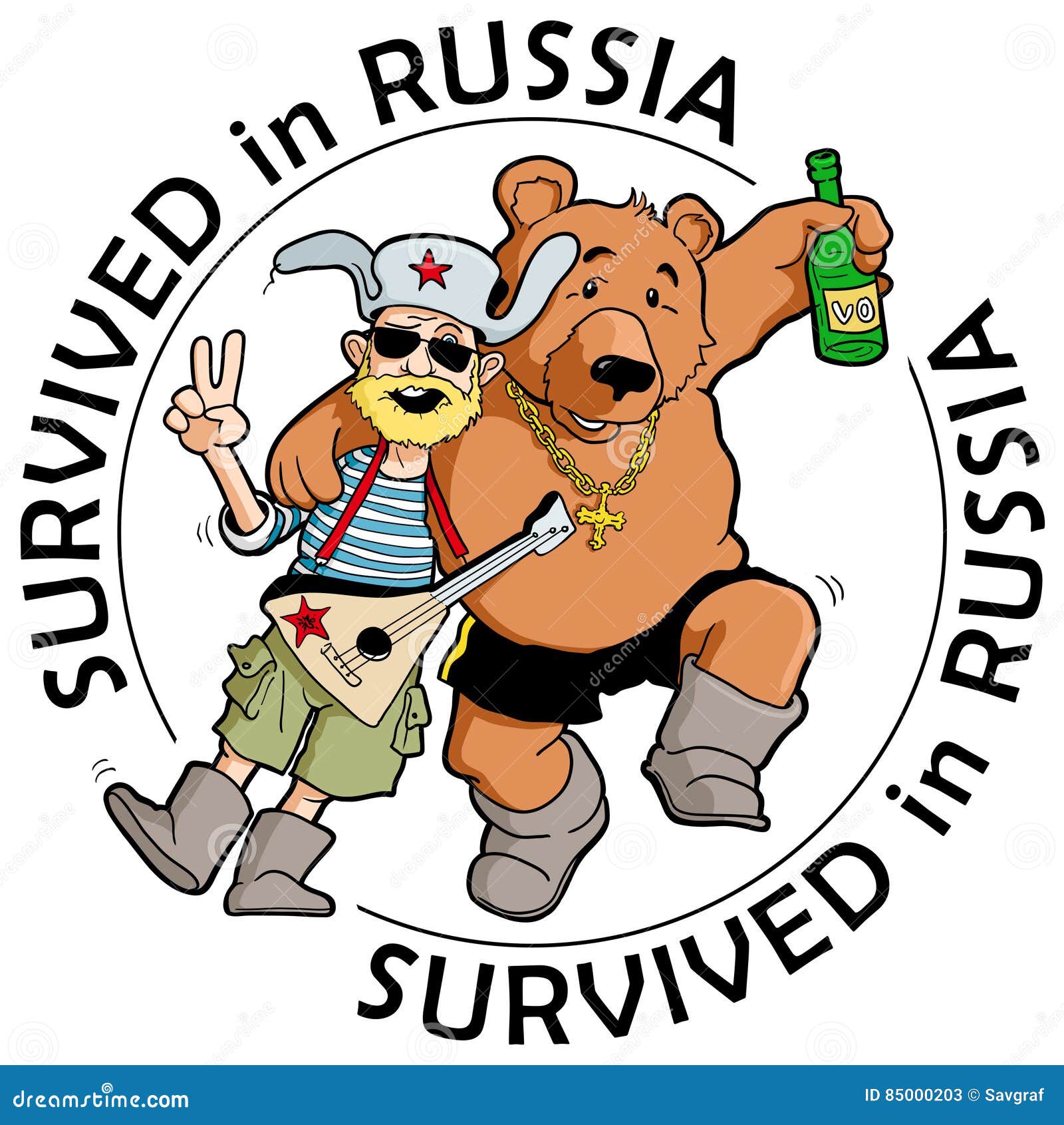 funny label: `survived in russia`. drunk tourist with friendly russian bear