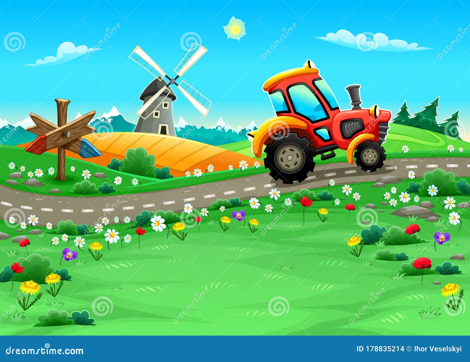 Funny Landscape with Tractor on the Road Stock Illustration - Illustration  of flower, tractor: 178835214