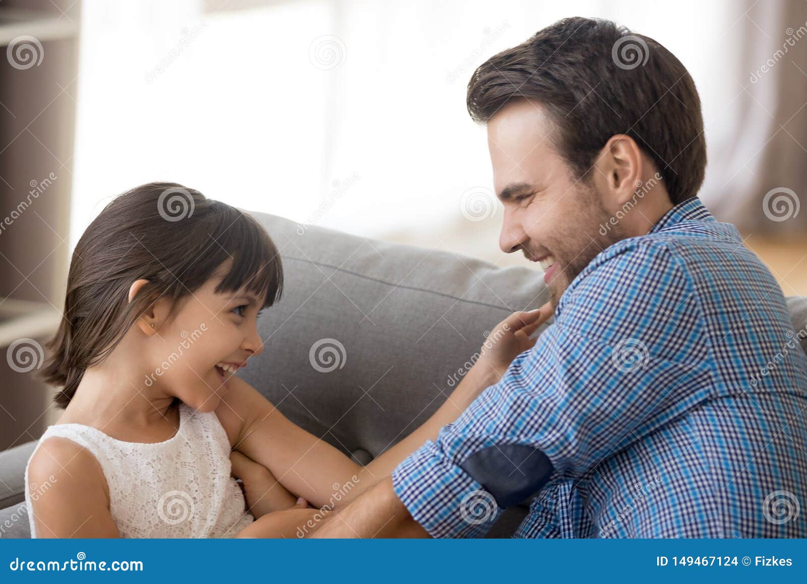 Cute Little Girl Have Fun Playing With Young Dad Stock Photo I