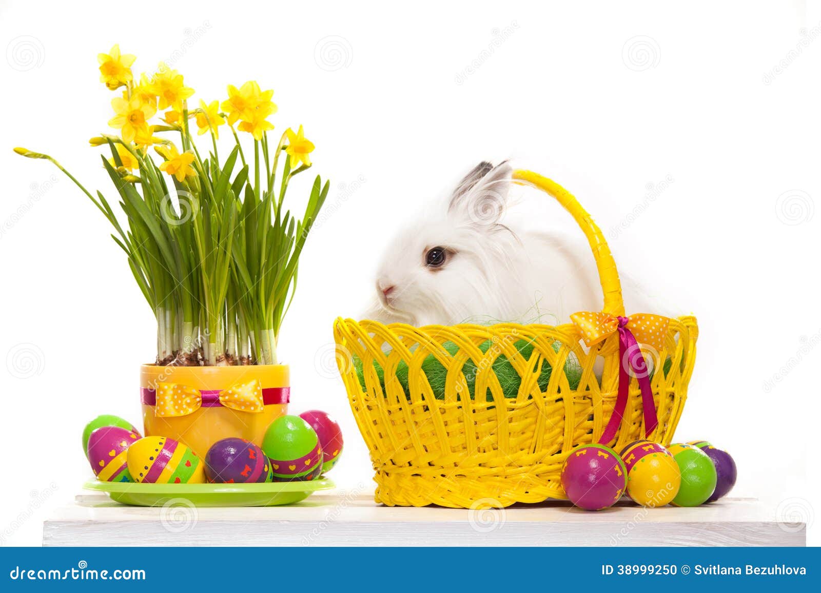 Funny Little Rabbit among Easter Eggs in Basket Stock Photo Image of