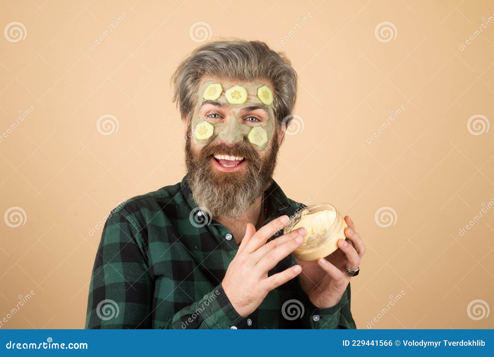 Funny Male Model with Mask and Cucumber Slices on Face. Spa ...