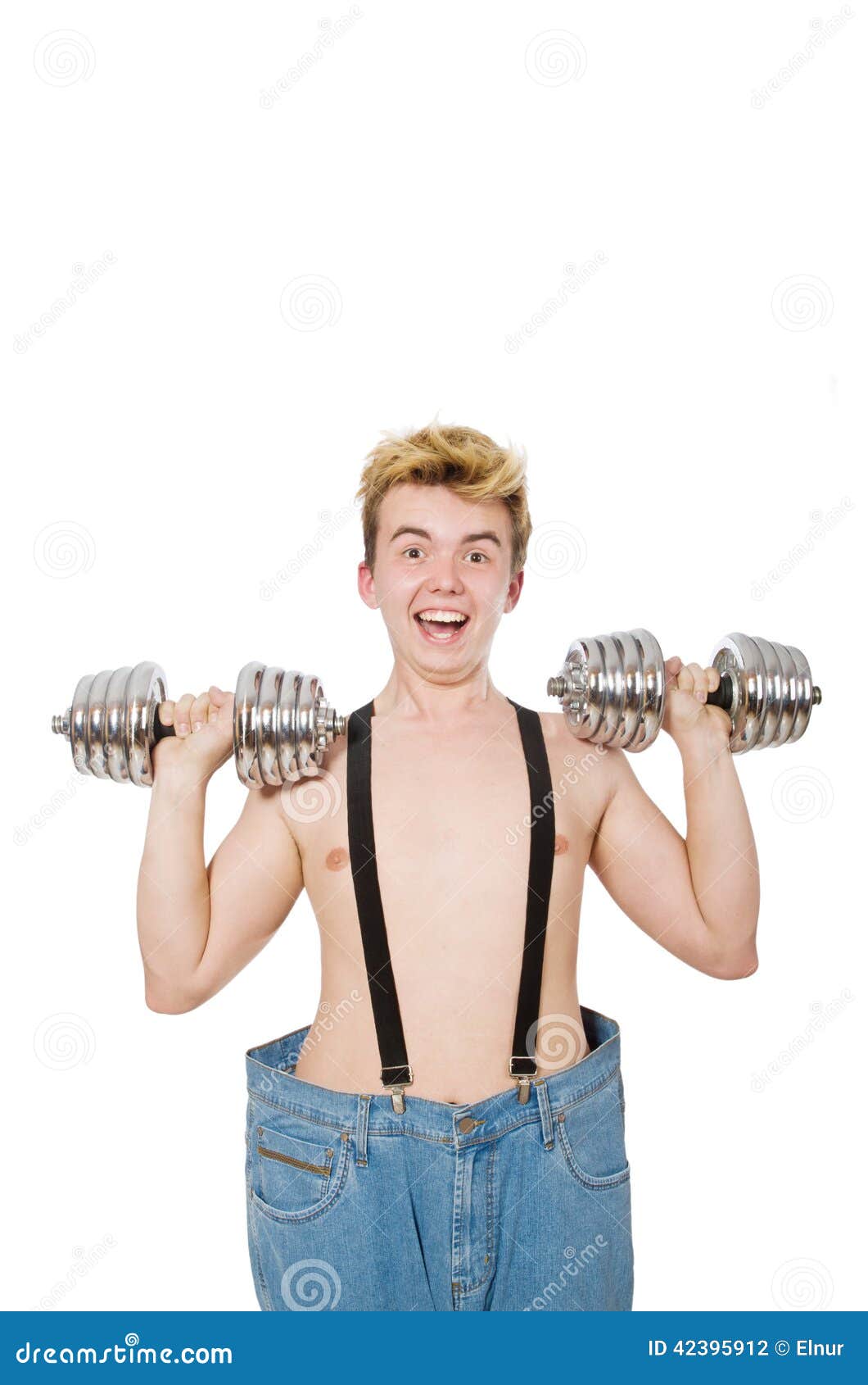 Funny man with dumbbells stock photo. Image of exercising 42395912