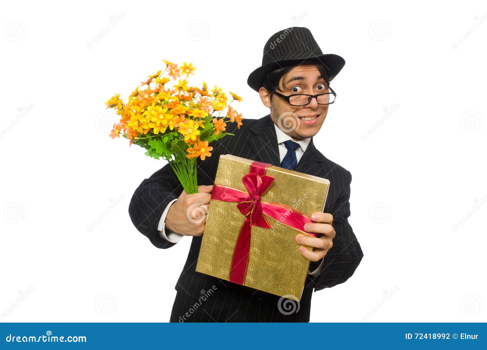 The Funny Man with Flowers and Giftbox Stock Photo Image of