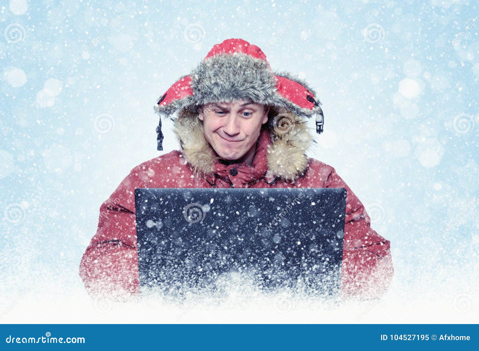 Funny Man Programmer in Red Winter Clothes with Laptop, Cold, Snow ...