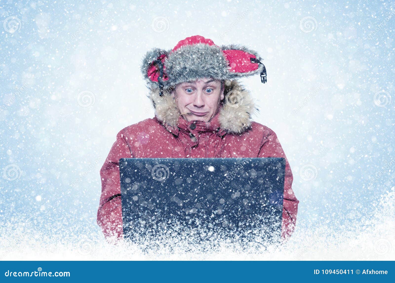 Funny Man Programmer in Red Winter Clothes with Laptop, Cold, Snow ...