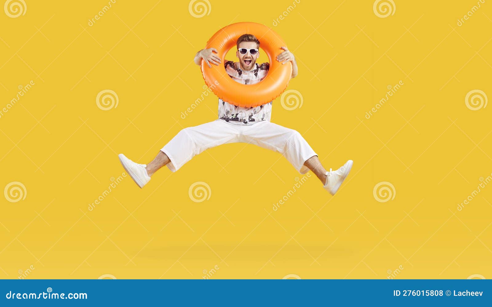 Funny Man in Sunglasses Holding Rubber Ring and Jumping Isolated on ...