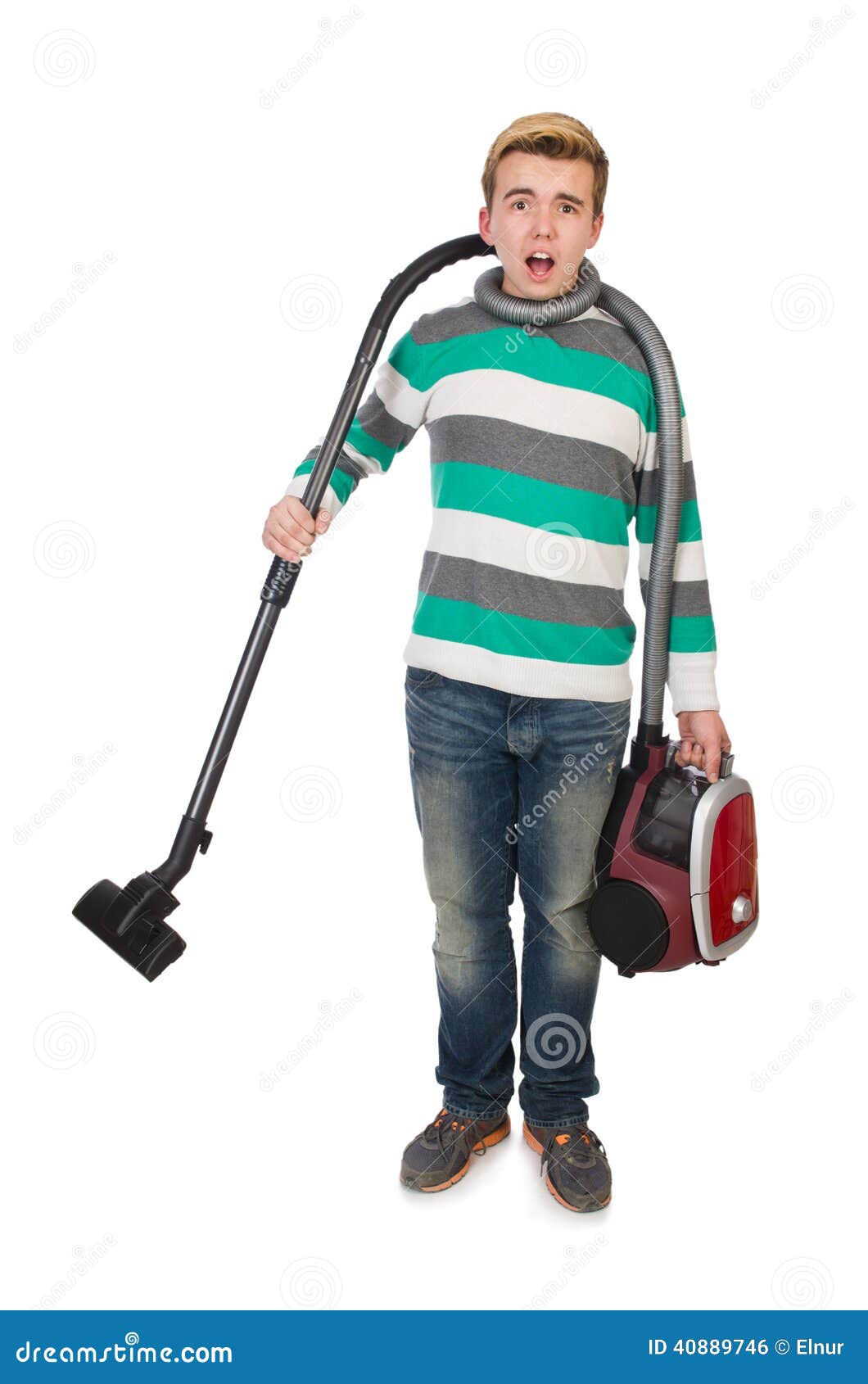 Funny Man with Vacuum Cleaner Stock Photo Image of household