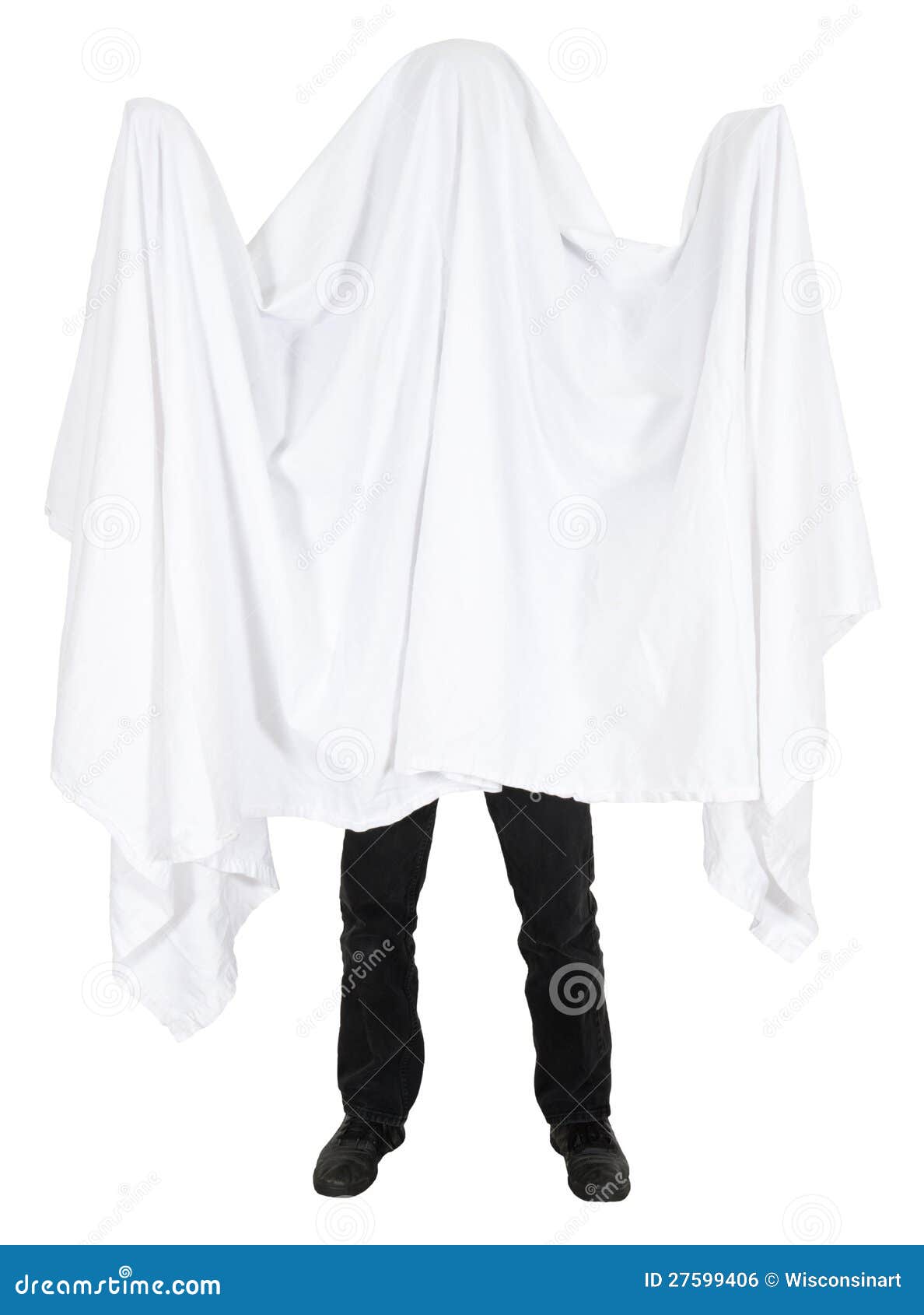 Fun man wearing bed sheet ghost costume. 