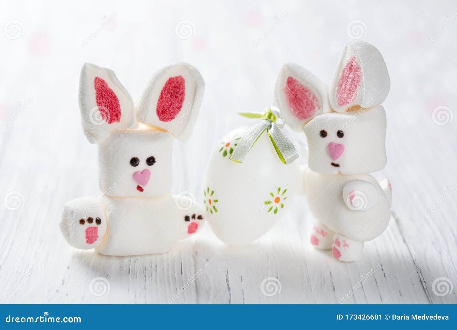 Funny Marshmallow Rabbits with Easter Egg, Sweet Bunnies Stock Image