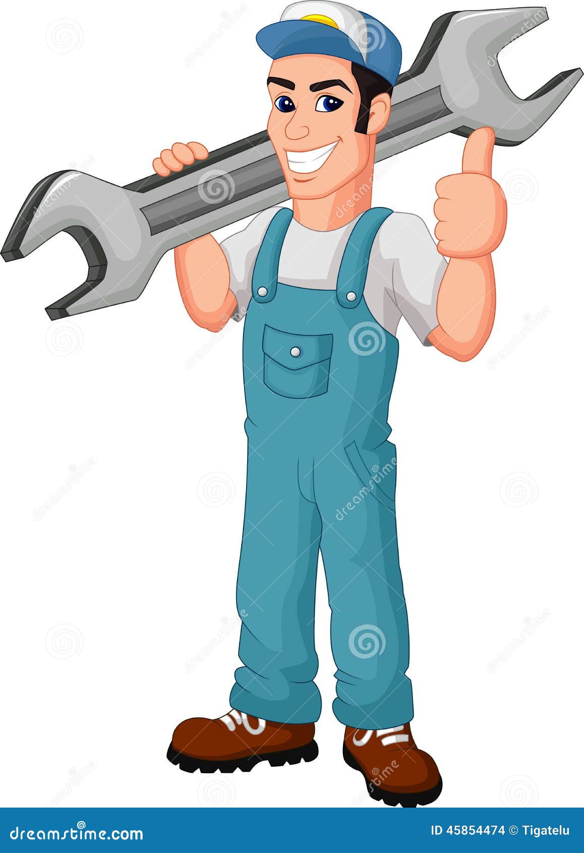 Funny Mechanic Cartoon Holding Wrench And Giving Thumbs Up Illustration  45854474 - Megapixl