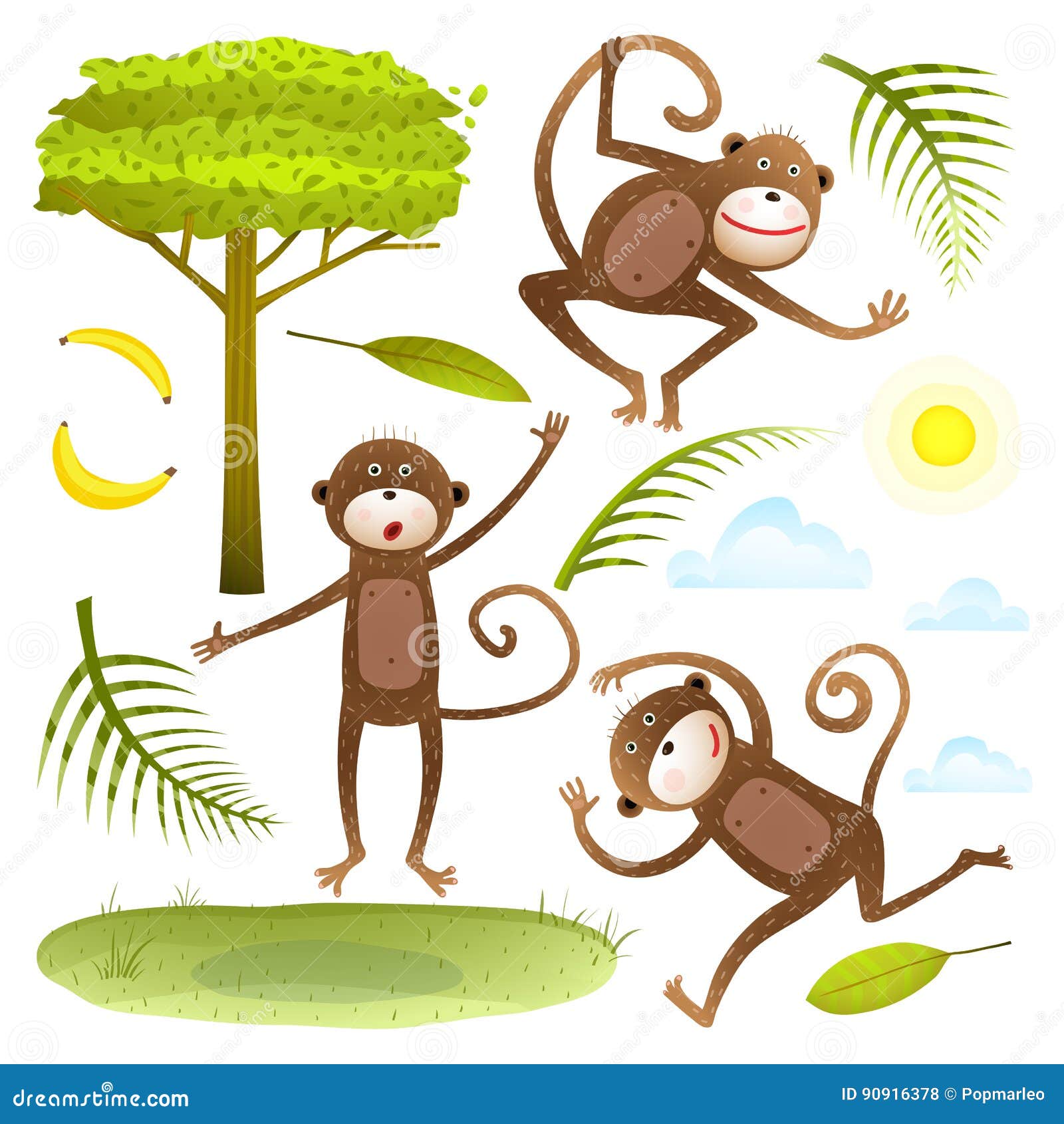 Funny Monkeys Friends with Tree Leaves Sun Clouds Lawn Clip Art Collection Stock Vector - Illustration of graphic, banana: 90916378 Funny Monkeys Friends with Tree Leaves Sun Clouds Lawn Clip Art Collection Stock Vector - Illustration of graphic, banana: 90916378
