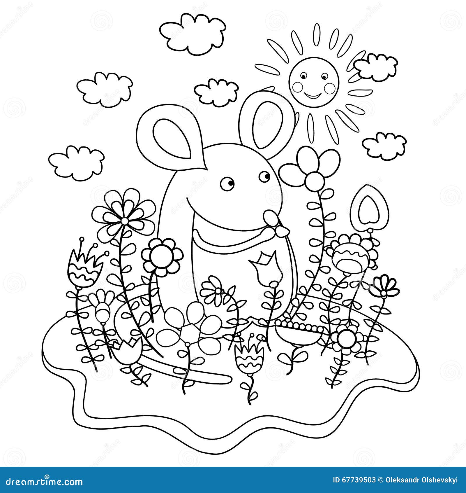 Download Funny Mouse With Flowers. Coloring Book Cartoon Vector | CartoonDealer.com #67739503